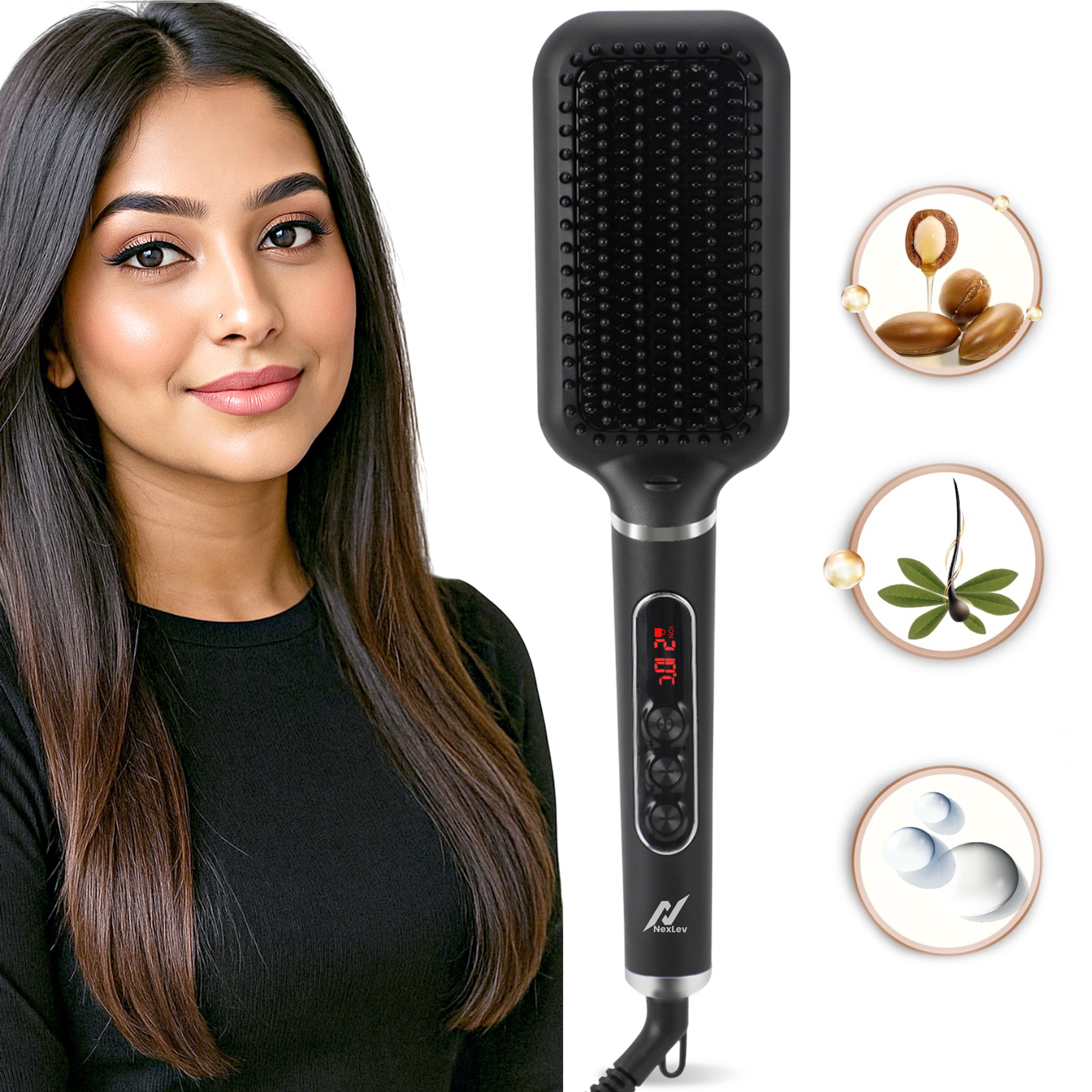 NexLev Hair Straightener Brush | Ceramic Coated Wide Plate| Anti-Frizz Professional Styling with iON Technology HSB-03