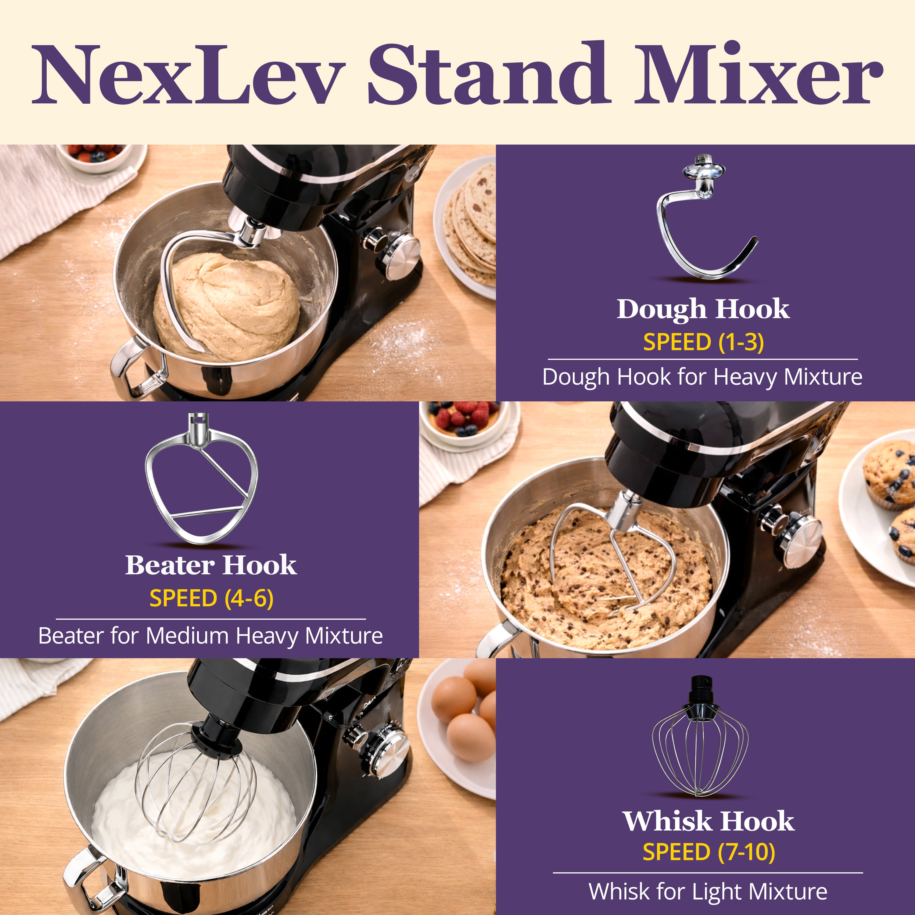 NexLev Stand Mixer |5 L Stainless Steel Bowl | 1500W | Stand Mixer For Baking with 10 Speeds | Whisk, Beater & Dough Hook |100% Copper Motor |For Roti & Cookie Dough, Cake Making & more | ST-01