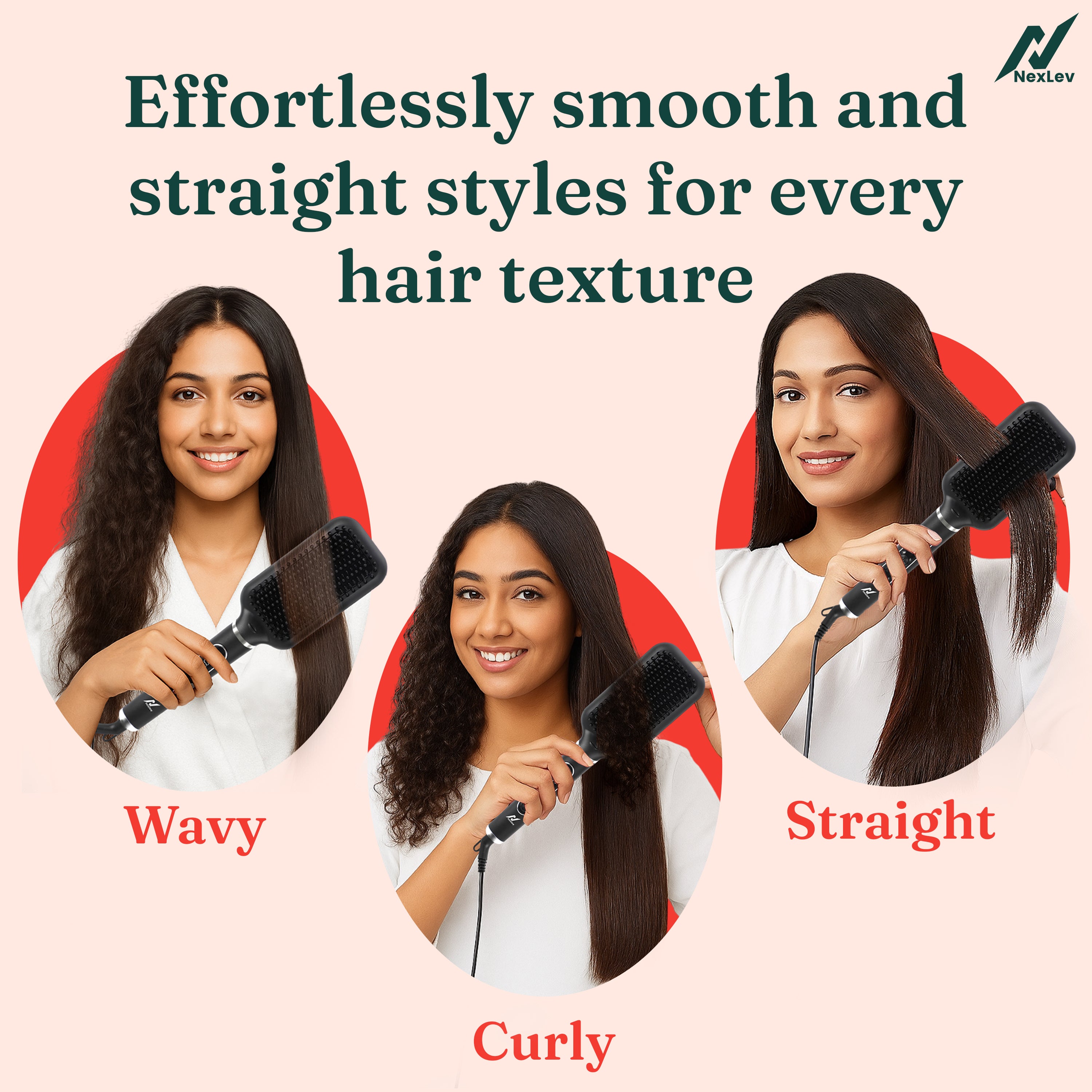 NexLev Hair Straightener Brush | Ceramic Coated Wide Plate| Anti-Frizz Professional Styling with iON Technology HSB-03