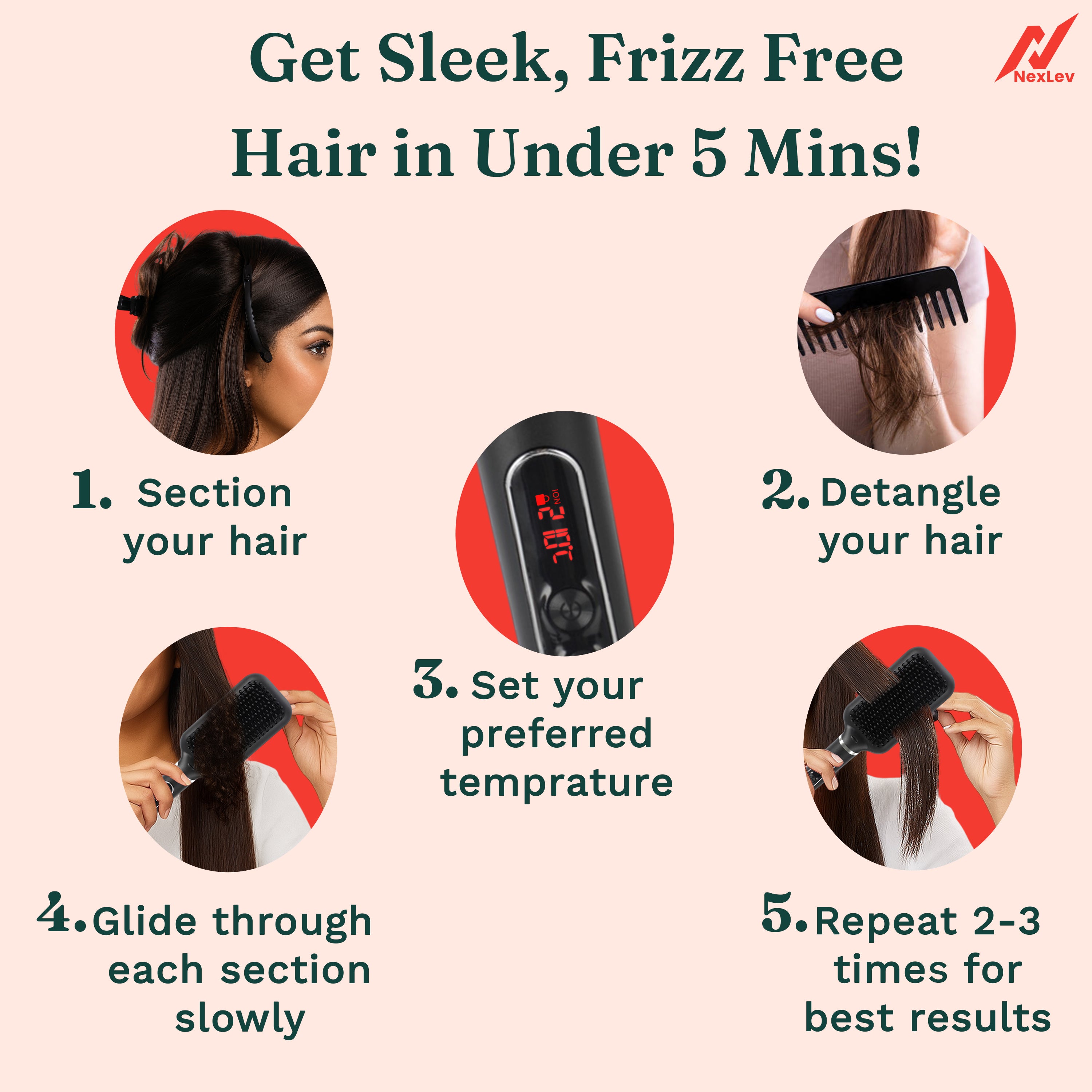NexLev Hair Straightener Brush | Ceramic Coated Wide Plate| Anti-Frizz Professional Styling with iON Technology HSB-03