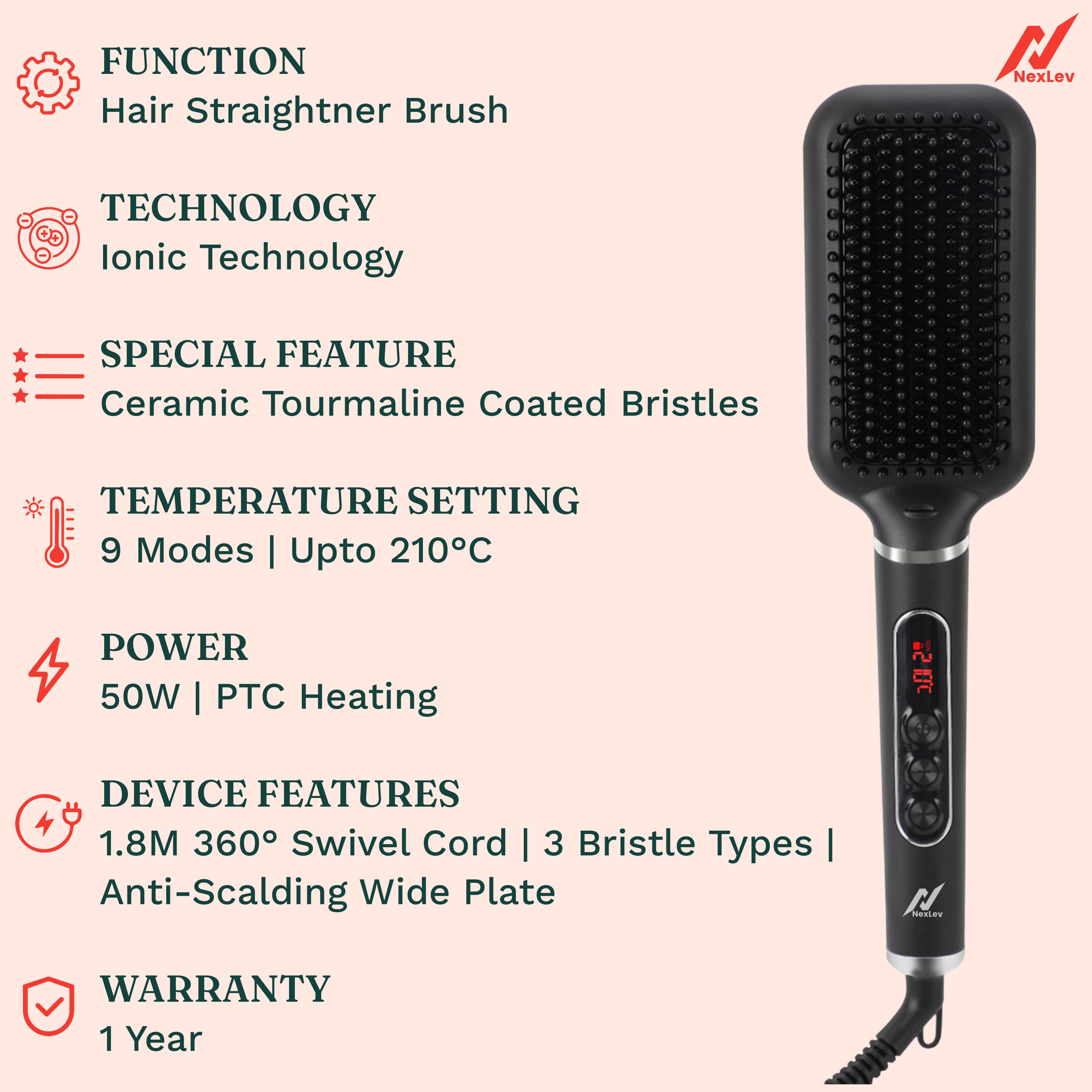 NexLev Hair Straightener Brush | Ceramic Coated Wide Plate| Anti-Frizz Professional Styling with iON Technology HSB-03