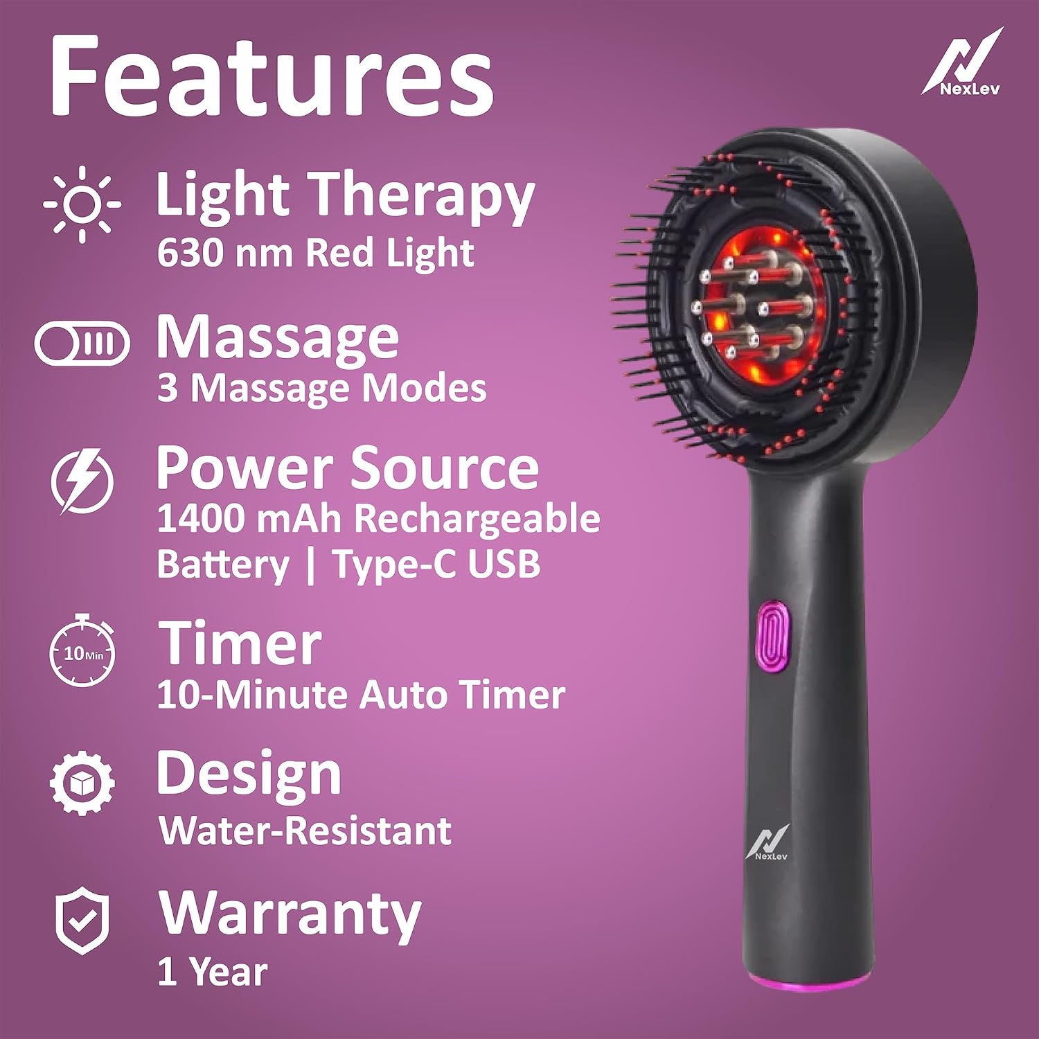 NexLev Oil Applicator Comb|Red Led Light Therapy |Boost Hair Growth| Reduce Dandruff | Relieve Stress |High Vibration Corded Electric Scalp/Head Massager | 6 ML Oil Tank | 2 Hr Run-Time| Type-C|EA-02