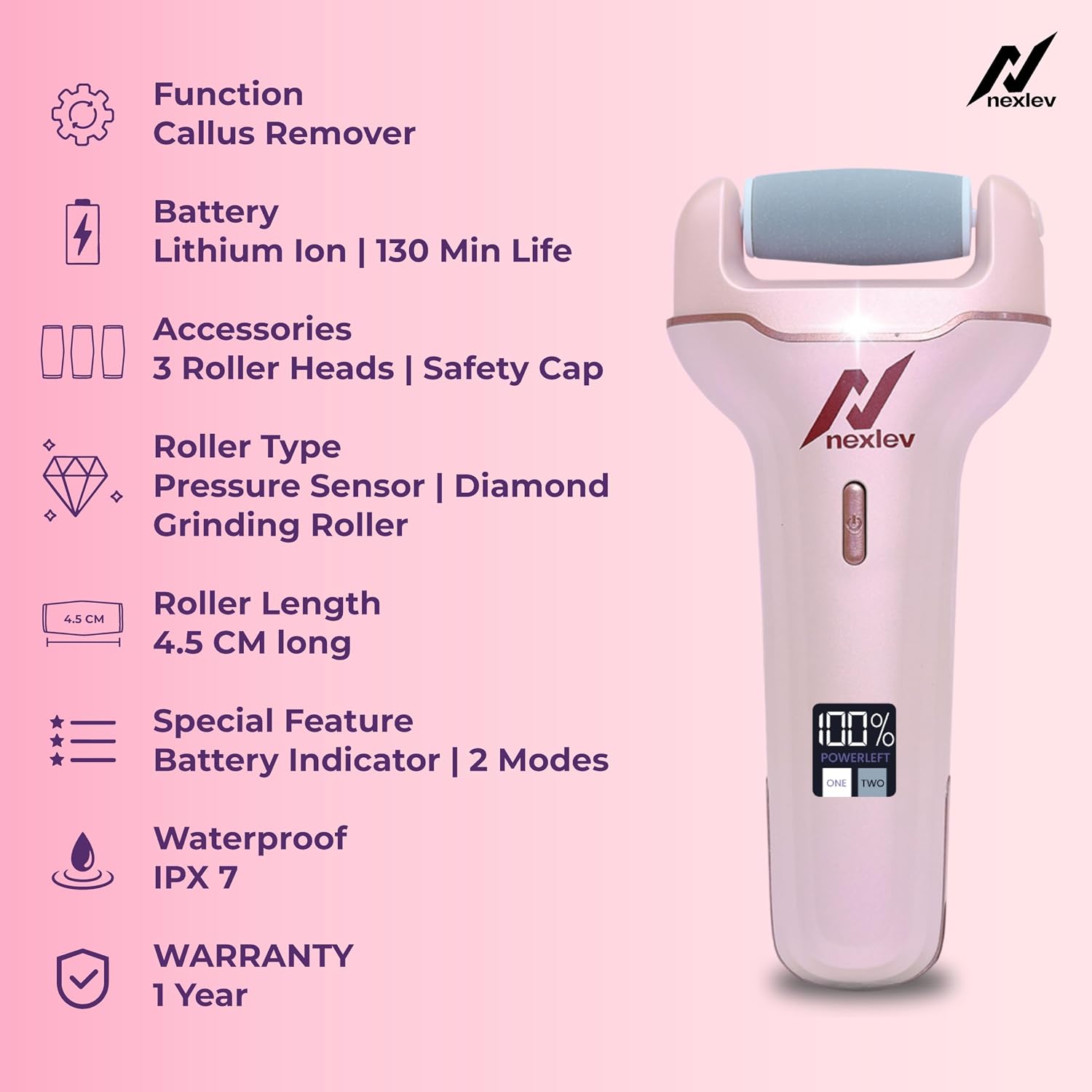NexLev Foot Callus Remover Electric Scrubber & Shaver for Dead, Hard & Cracked Skin Professional Pedicure at Home Waterproof Type C 3 Crystal Quartz Heads for Men and Women CR-01