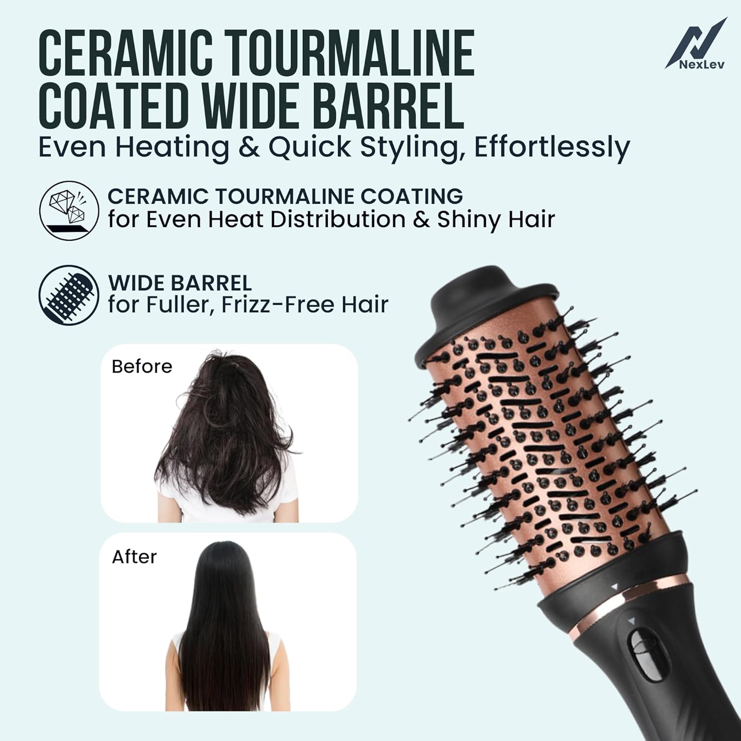 NexLev Hot Air Brush For Hair | 3 in 1 Volumizer Hair Blow Dry Brush with 1.5 Inch Barrel, Ceramic Tourmaline Coating, 1200W, Dual Bristle for Tangle Free Salon Styling | V-03