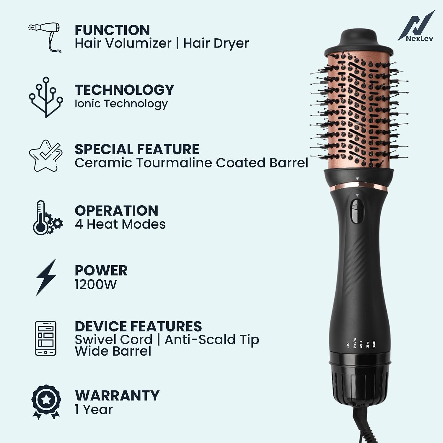 NexLev Hot Air Brush For Hair | 3 in 1 Volumizer Hair Blow Dry Brush with 1.5 Inch Barrel, Ceramic Tourmaline Coating, 1200W, Dual Bristle for Tangle Free Salon Styling | V-03