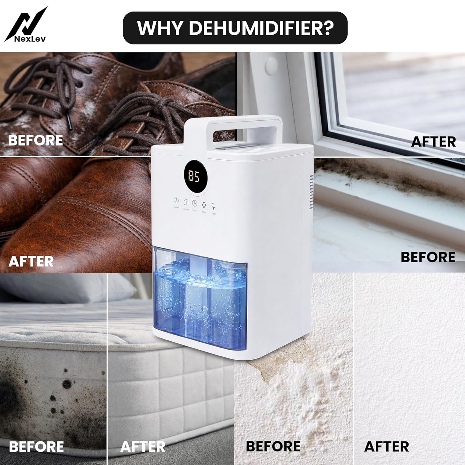 NexLev Dehumidifier for Room Moisture Absorption | 1000ML Tank | Ideal for Mold & Moisture Removal |For Room Wardrobe Kitchen Office| Auto Shut-Off Function| Preset Timer & Humidty Control | DH-01