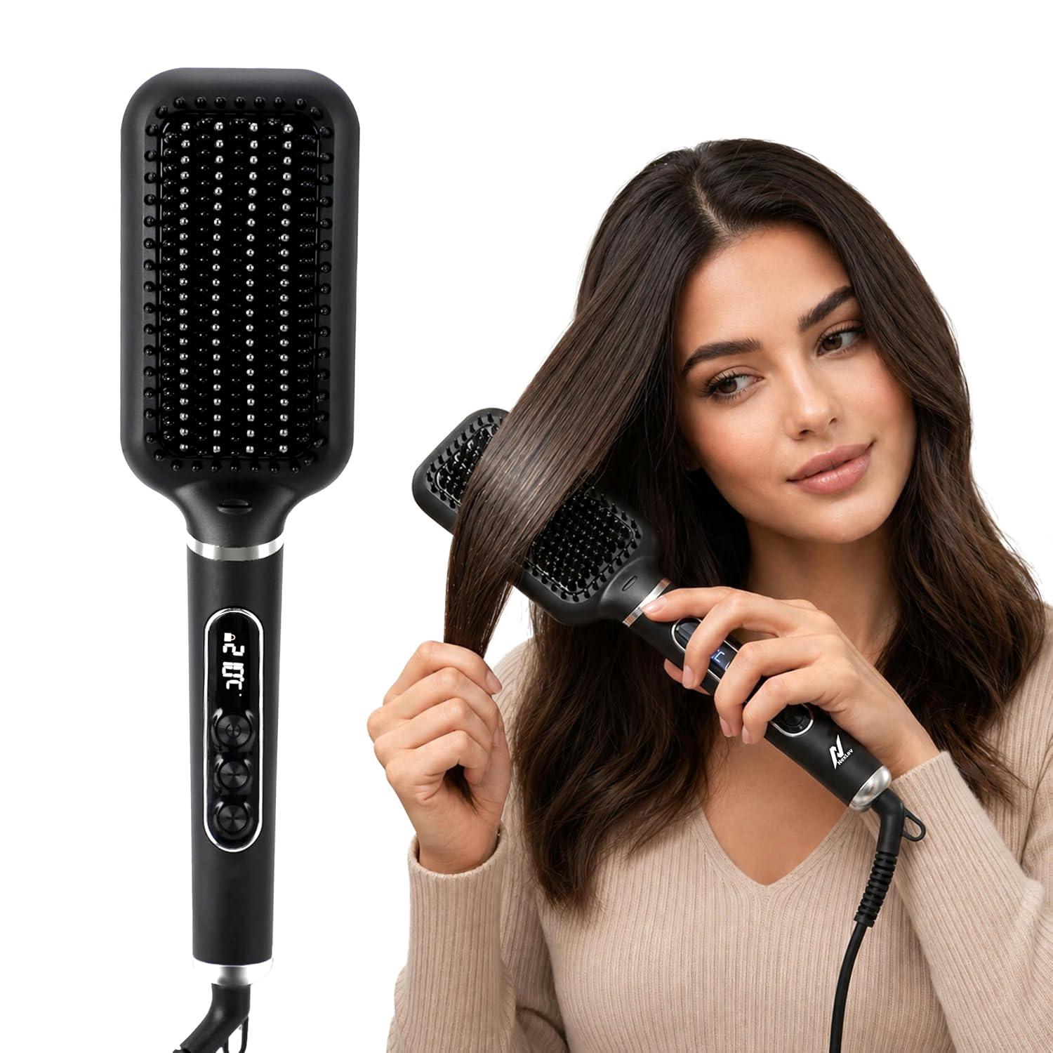 NexLev Hair Straightener Brush | Ceramic Coated Wide Plate| Anti-Frizz Professional Styling with iON Technology HSB-03
