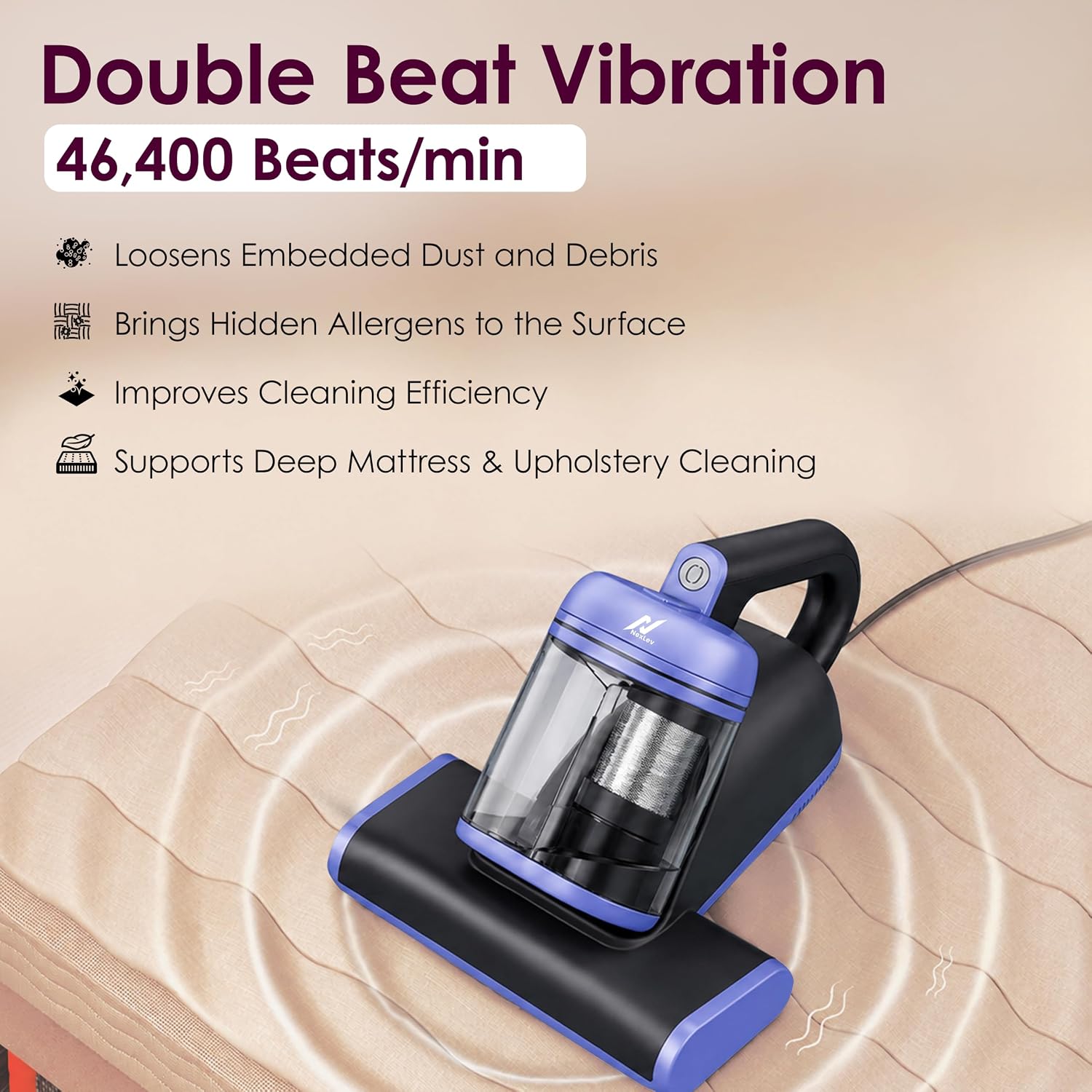 nexlev Dust Mite Vacuum Cleaner MR-03 | 14KPa Sofa Cleaning Machine for Mattress, Sofa & Carpet, UV-C Light, Double beat Vibration & 60ยบ hot air, HEPA Filter for Mites, Allergens & Pet Hair