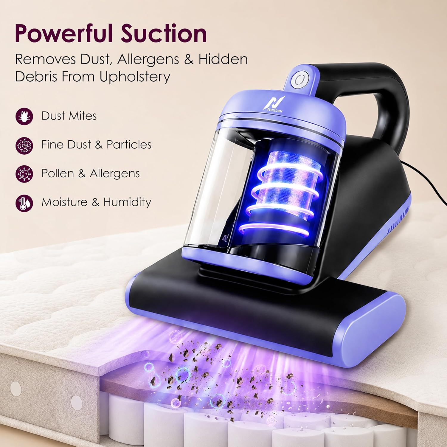 nexlev Dust Mite Vacuum Cleaner MR-03 | 14KPa Sofa Cleaning Machine for Mattress, Sofa & Carpet, UV-C Light, Double beat Vibration & 60ยบ hot air, HEPA Filter for Mites, Allergens & Pet Hair