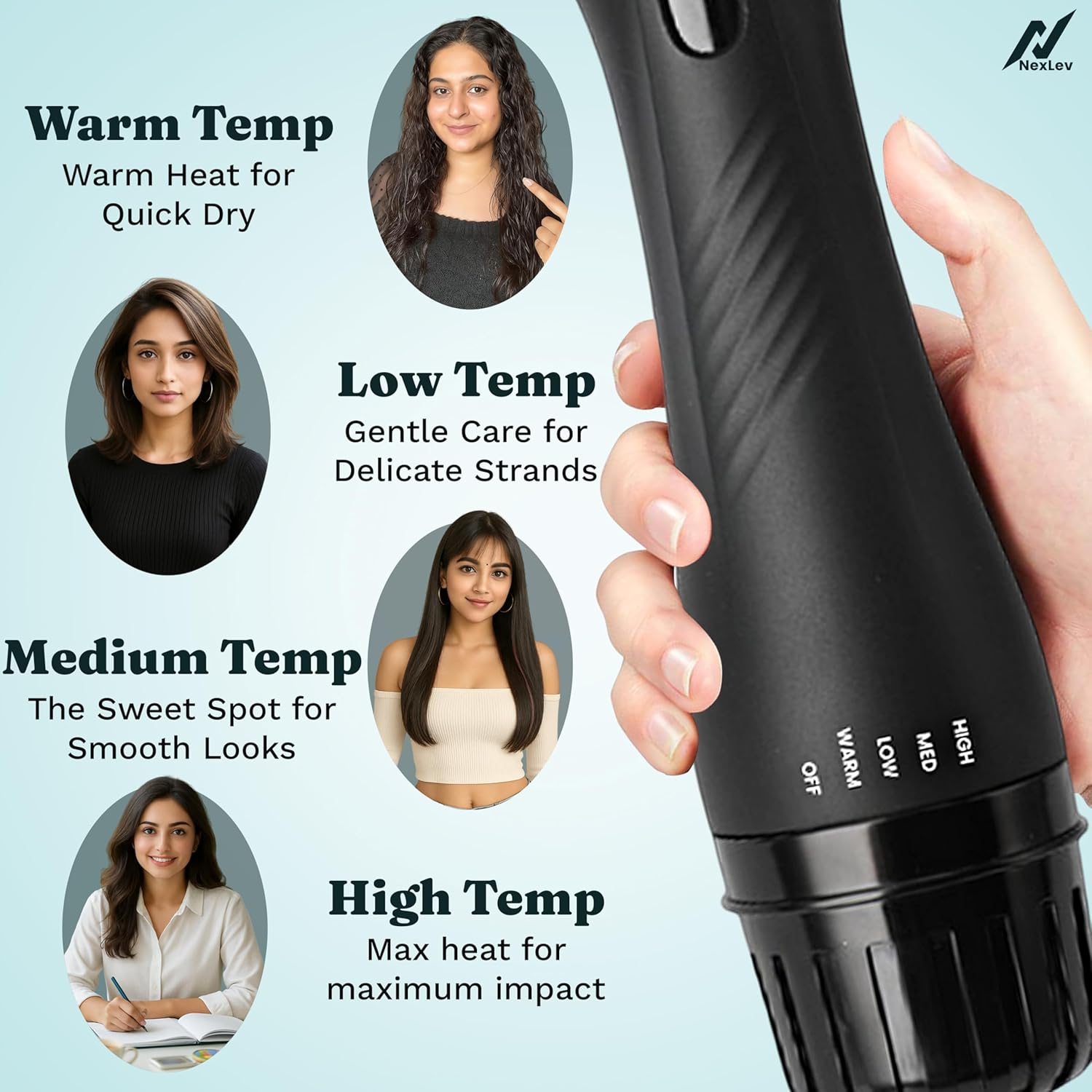 NexLev Hot Air Brush For Hair | 3 in 1 Volumizer Hair Blow Dry Brush with 1.5 Inch Barrel, Ceramic Tourmaline Coating, 1200W, Dual Bristle for Tangle Free Salon Styling | V-03