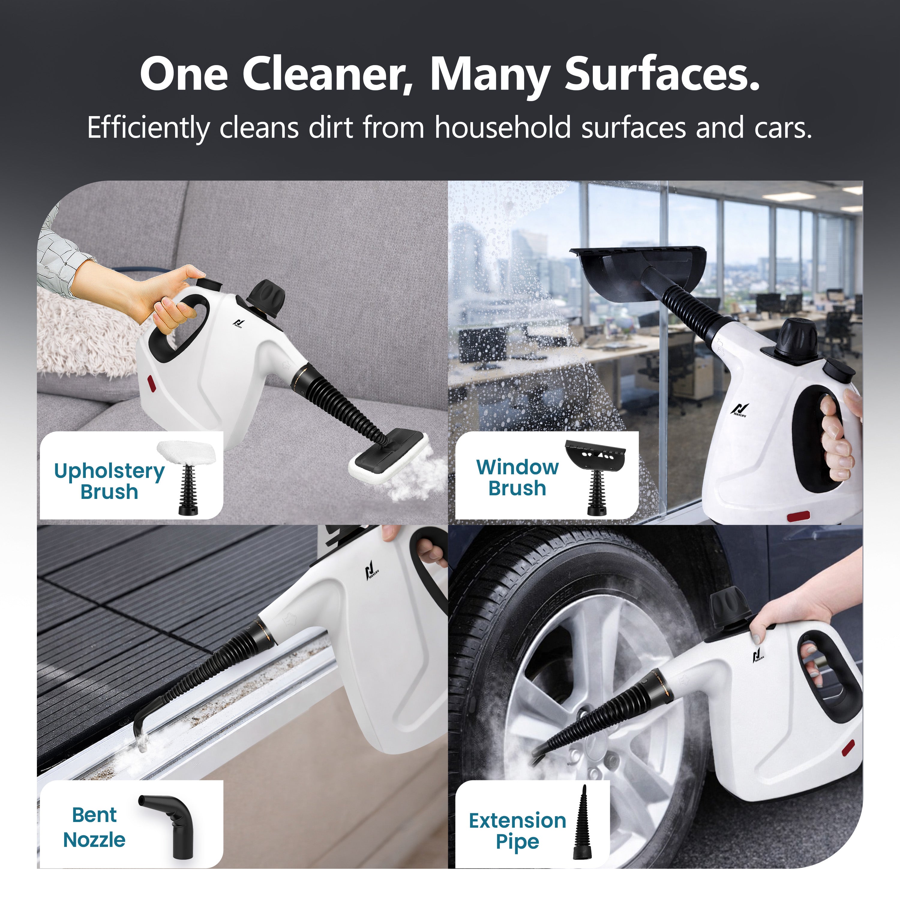NexLev Steam Cleaner | Complete Home Kitchen Floor Bathroom Car & Office | Steam Cleaner for Home With 9 Accessories | 450 ML | Window Pane Sink Grime Chimney Grease Water Stain Cleaner | 1050W | SC-05