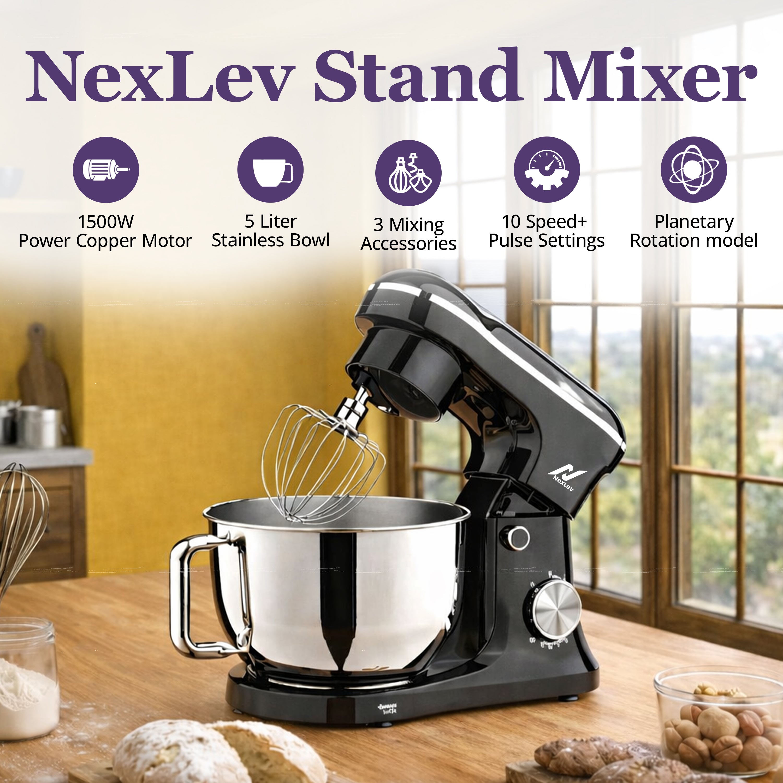 NexLev Stand Mixer |5 L Stainless Steel Bowl | 1500W | Stand Mixer For Baking with 10 Speeds | Whisk, Beater & Dough Hook |100% Copper Motor |For Roti & Cookie Dough, Cake Making & more | ST-01