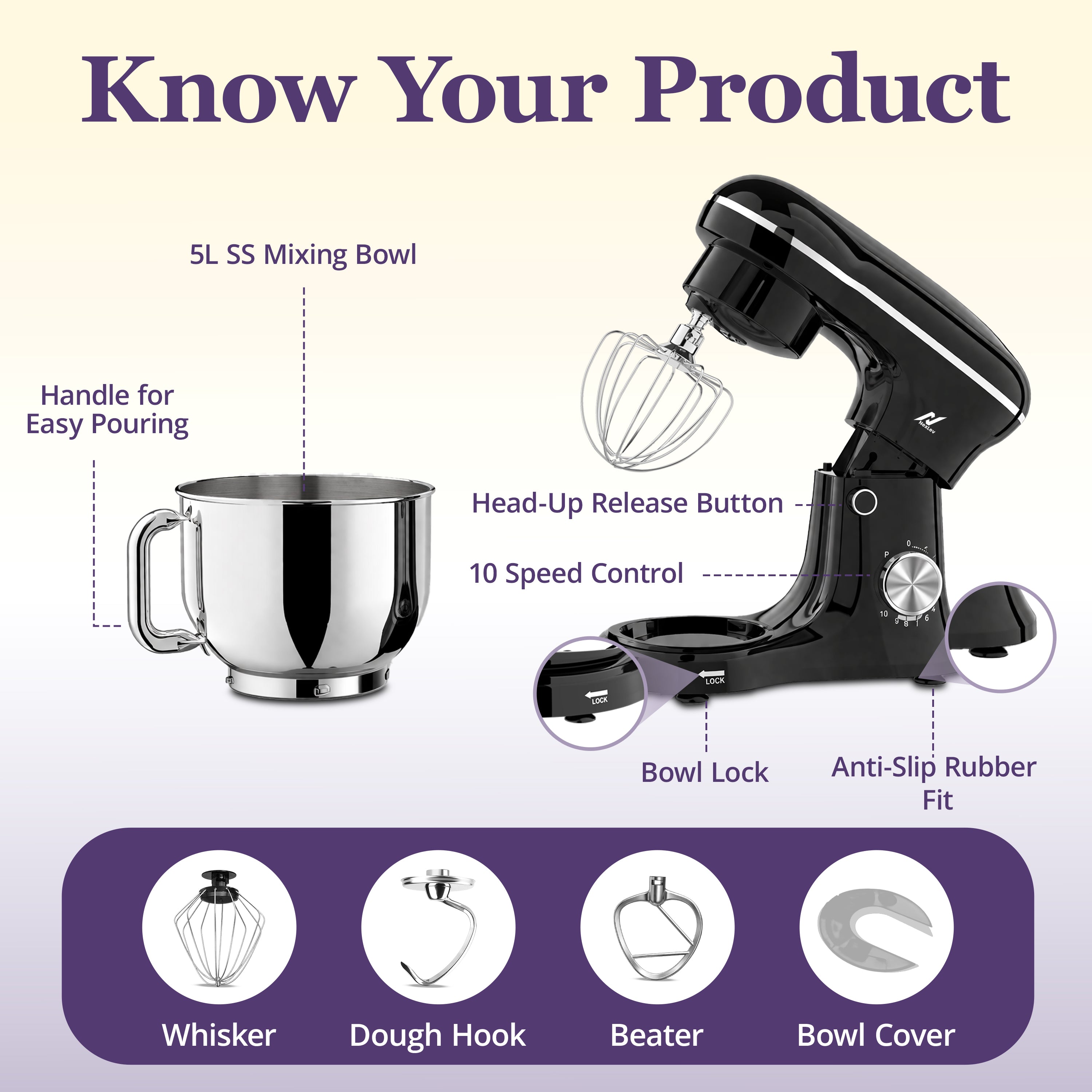 NexLev Stand Mixer |5 L Stainless Steel Bowl | 1500W | Stand Mixer For Baking with 10 Speeds | Whisk, Beater & Dough Hook |100% Copper Motor |For Roti & Cookie Dough, Cake Making & more | ST-01