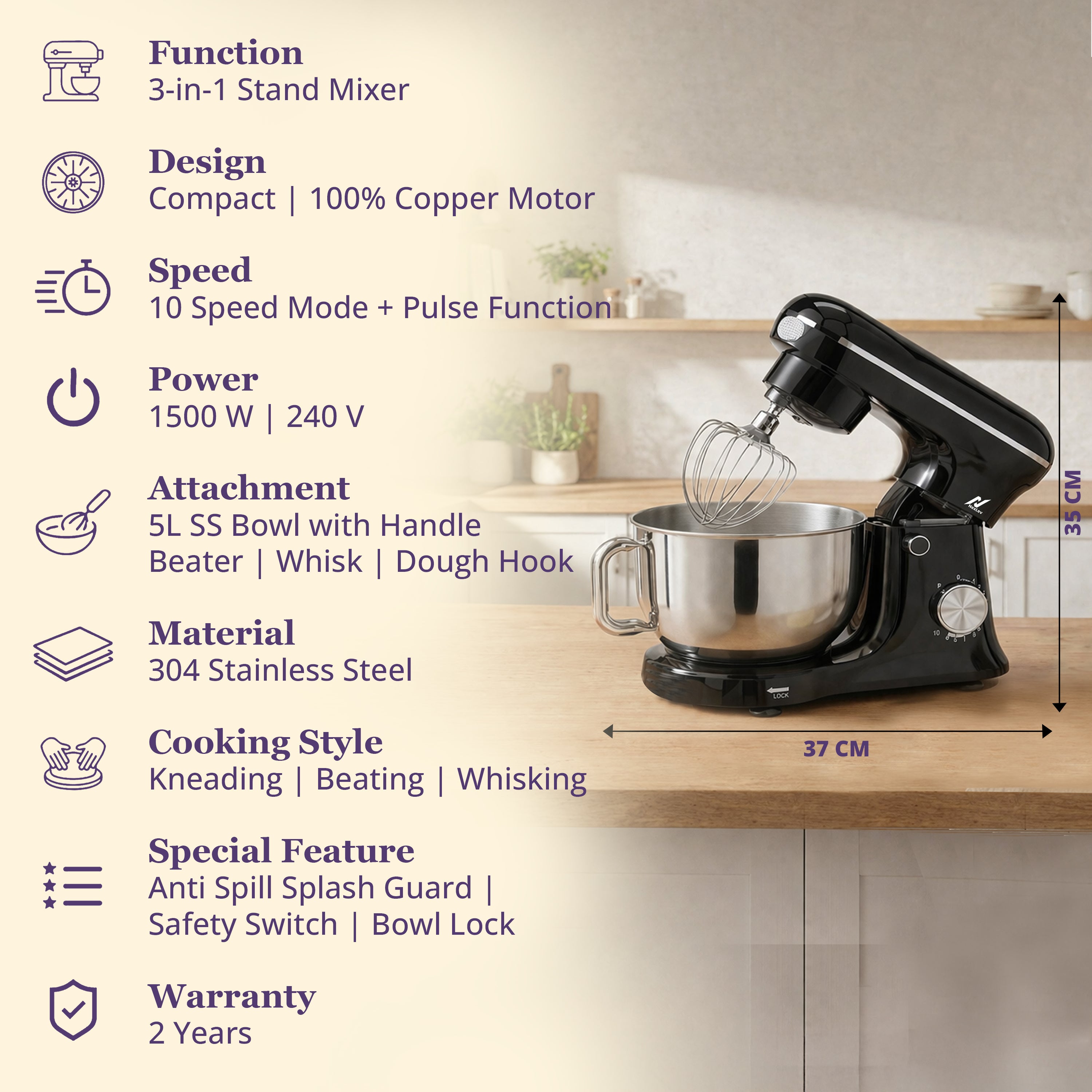NexLev Stand Mixer |5 L Stainless Steel Bowl | 1500W | Stand Mixer For Baking with 10 Speeds | Whisk, Beater & Dough Hook |100% Copper Motor |For Roti & Cookie Dough, Cake Making & more | ST-01