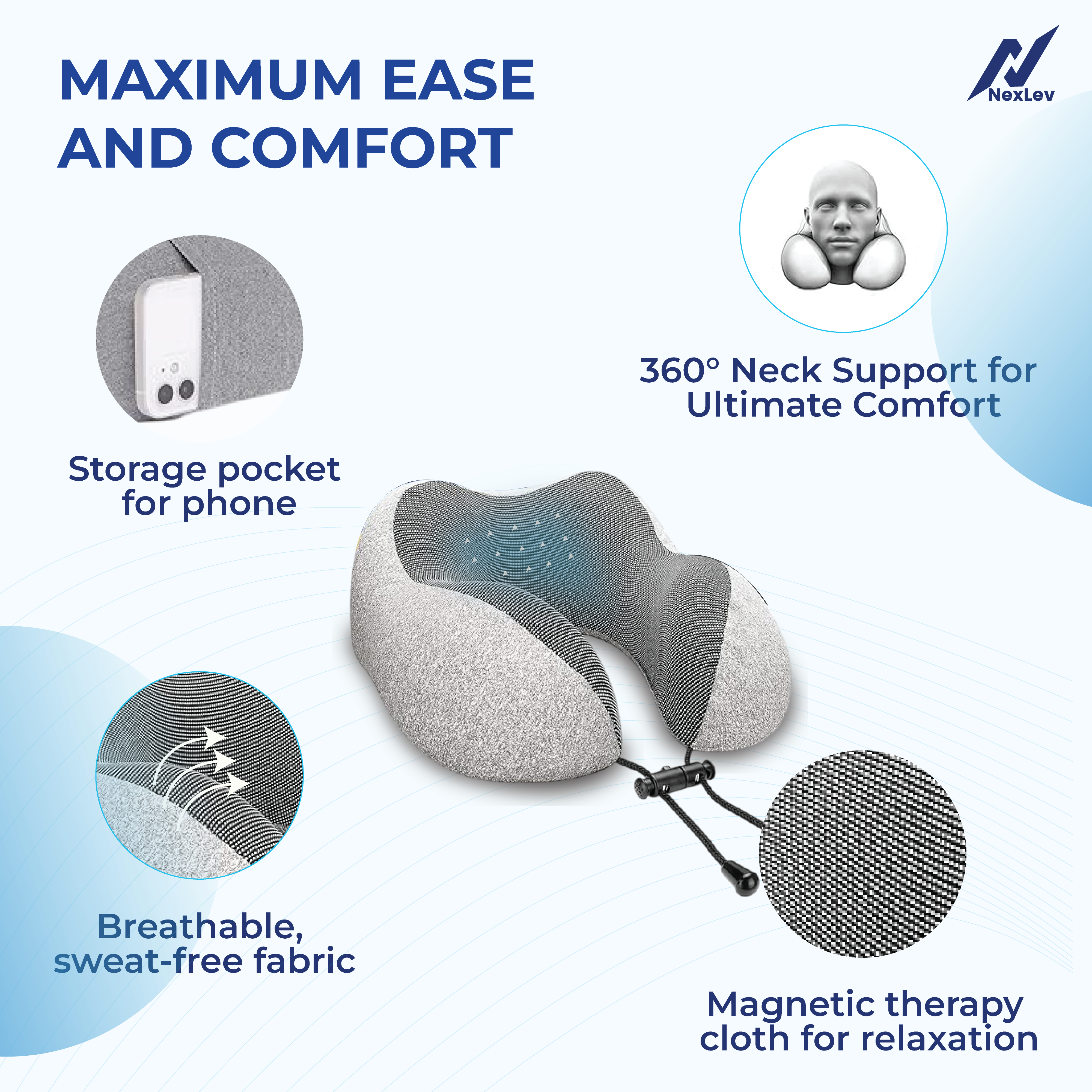Nexlev Travel Pillow| 100% Pure Memory Foam| Comfortable & Breathable Cover| Machine Washable| Carry Pouch for Storage| NP-02 (CN)