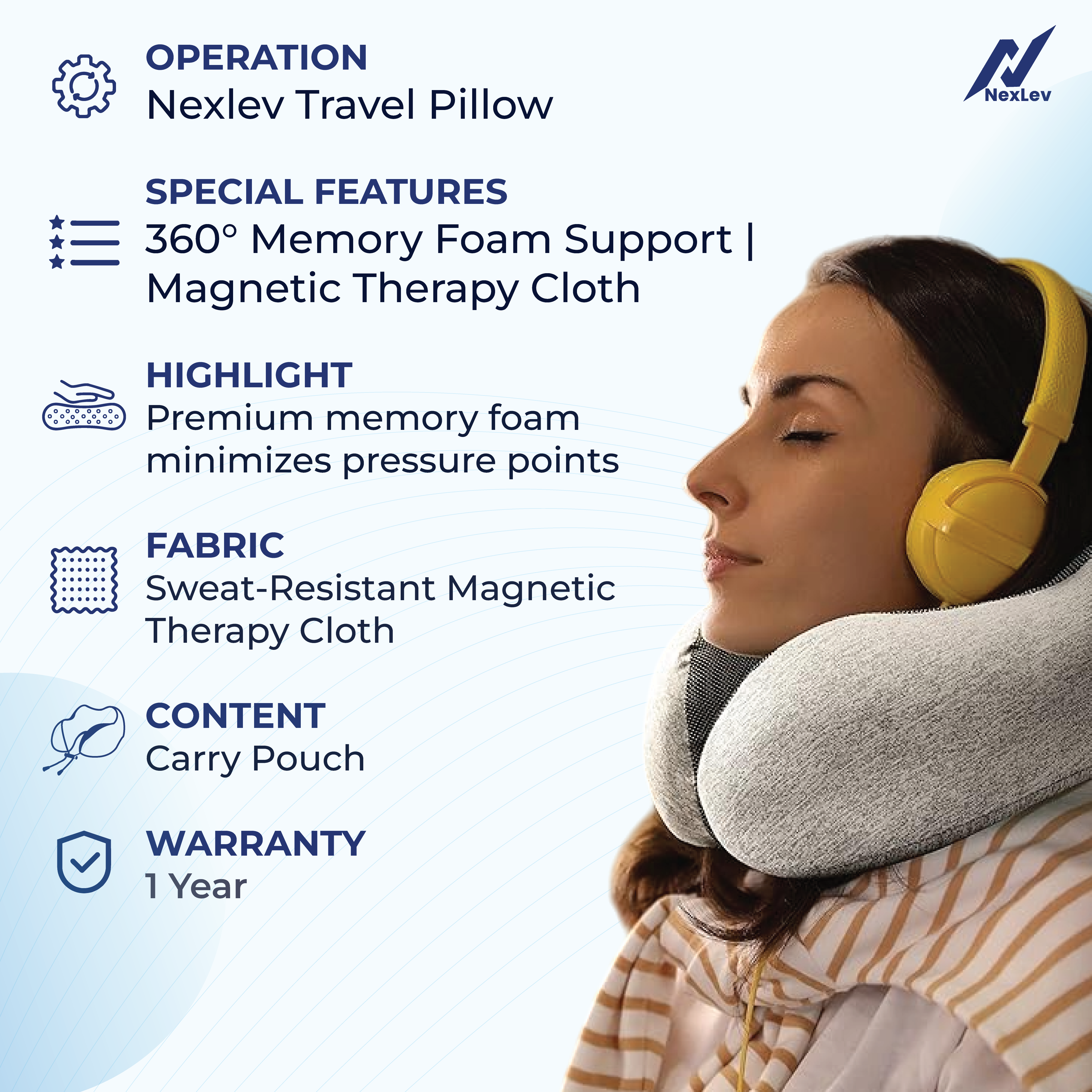 Nexlev Travel Pillow| 100% Pure Memory Foam| Comfortable & Breathable Cover| Machine Washable| Carry Pouch for Storage| NP-02 (CN)