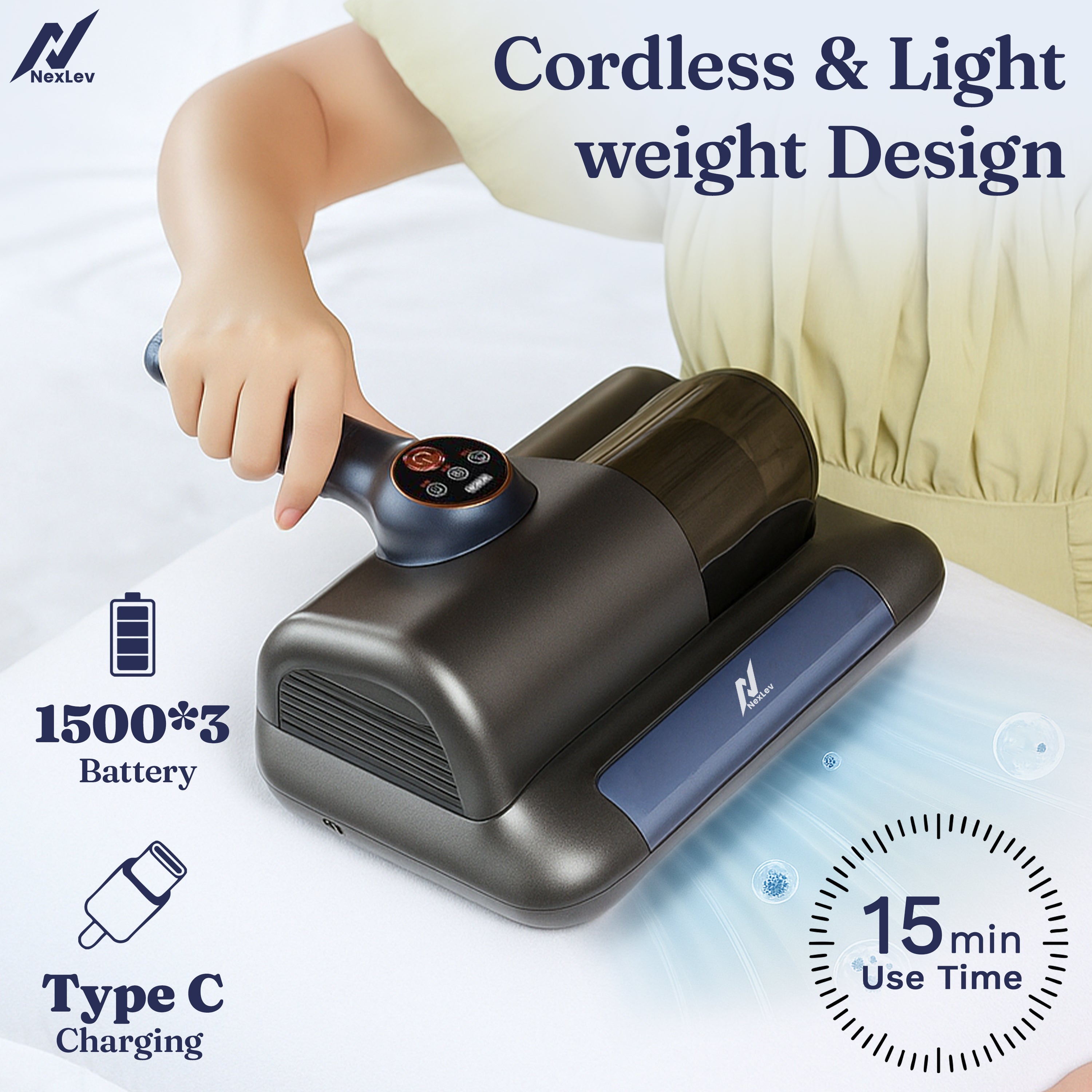 Nexlev Cordless Mite Remover | Bed, Sofa & Car Seat Dust & Mite Cleaning MR-02
