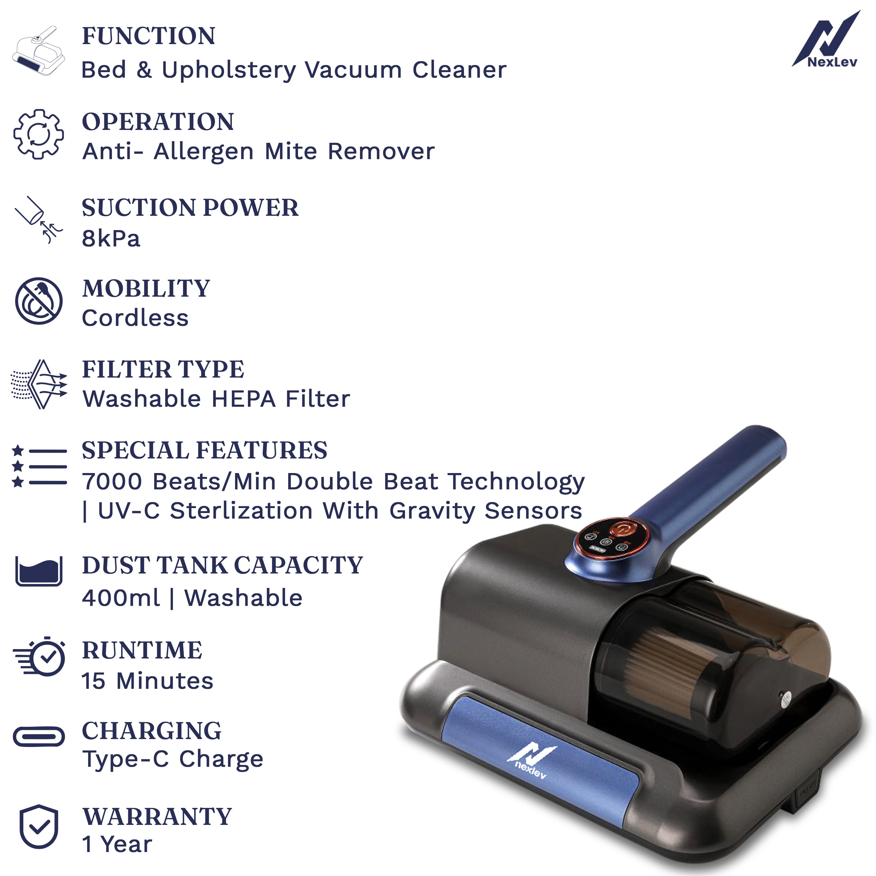 Nexlev Cordless Mite Remover | Bed, Sofa & Car Seat Dust & Mite Cleaning MR-02
