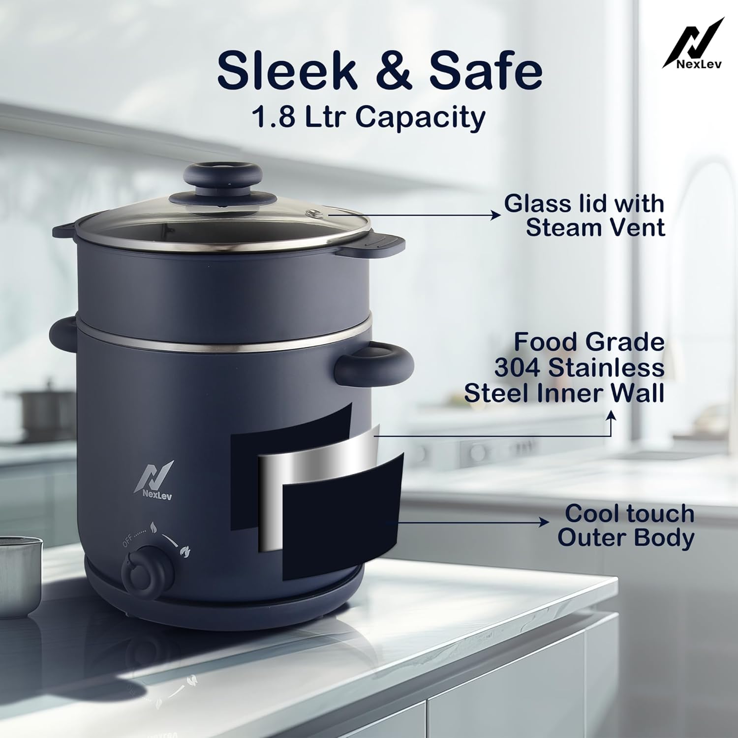 Nexlev Multipurpose Electric Food Kettle KE-01 |1.8L Stainless Steel Pot| 600W
