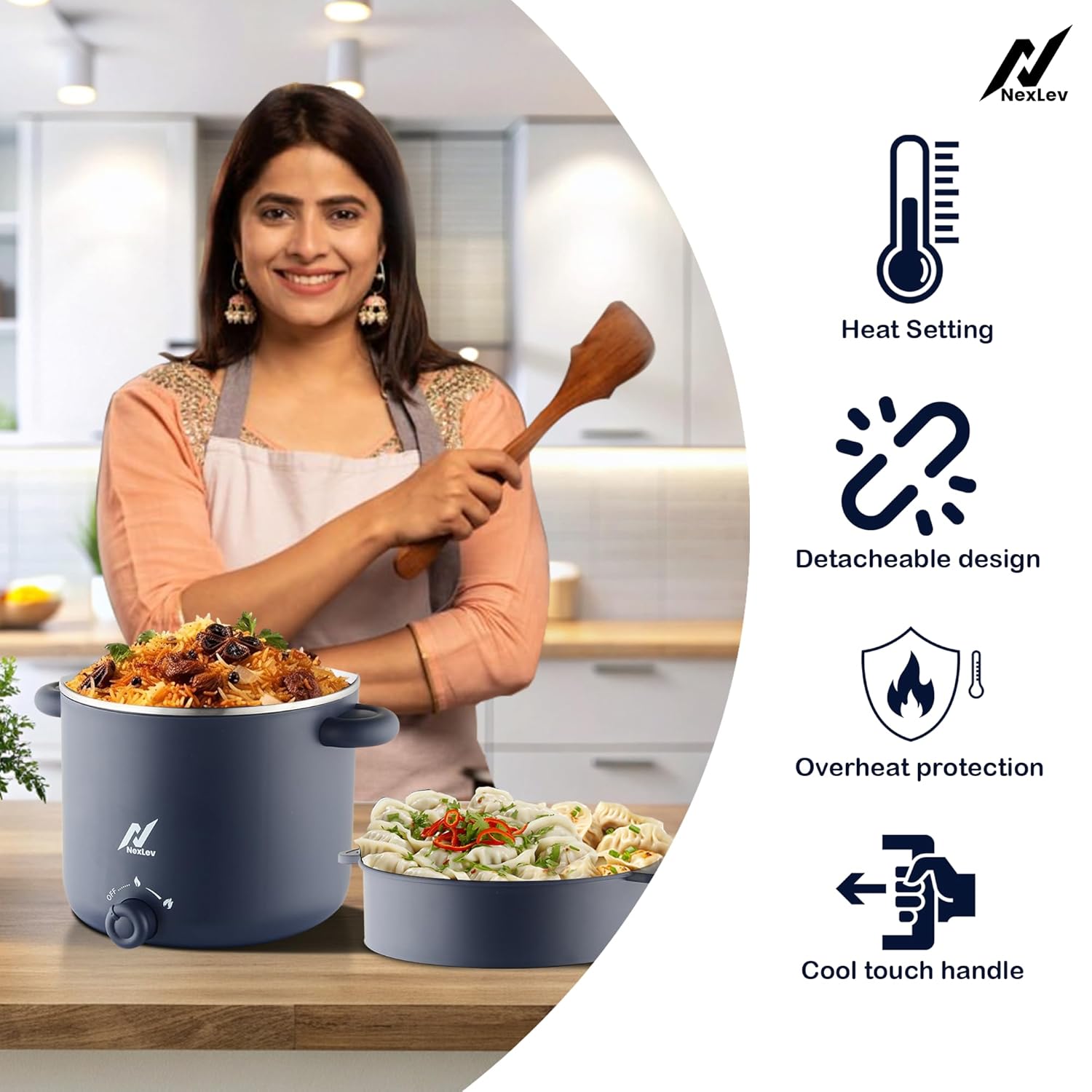 Nexlev Multipurpose Electric Food Kettle KE-01 | 1.8L Stainless Steel Pot | 600W