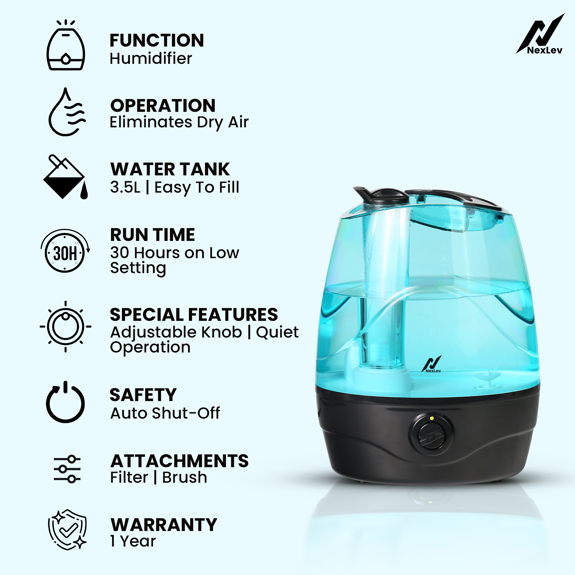 NexLev Cool Mist Humidifier | 3.5L| For Office, Indoor Plants, Baby Nursery | HU-01