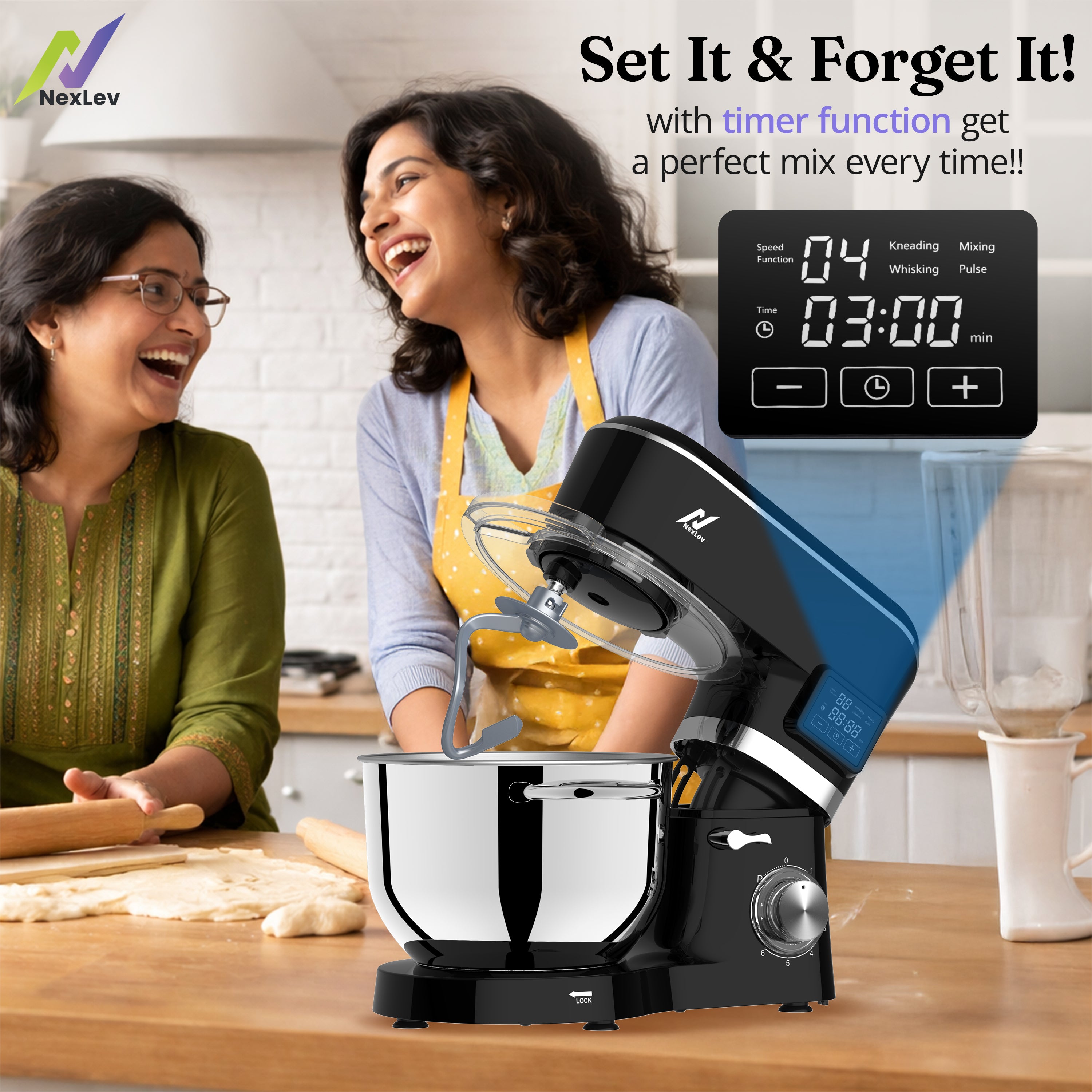 NexLev Stand Mixer with Digital Timer | 2000W Copper Motor | 6L Stainless Steel Bowl |ST-02