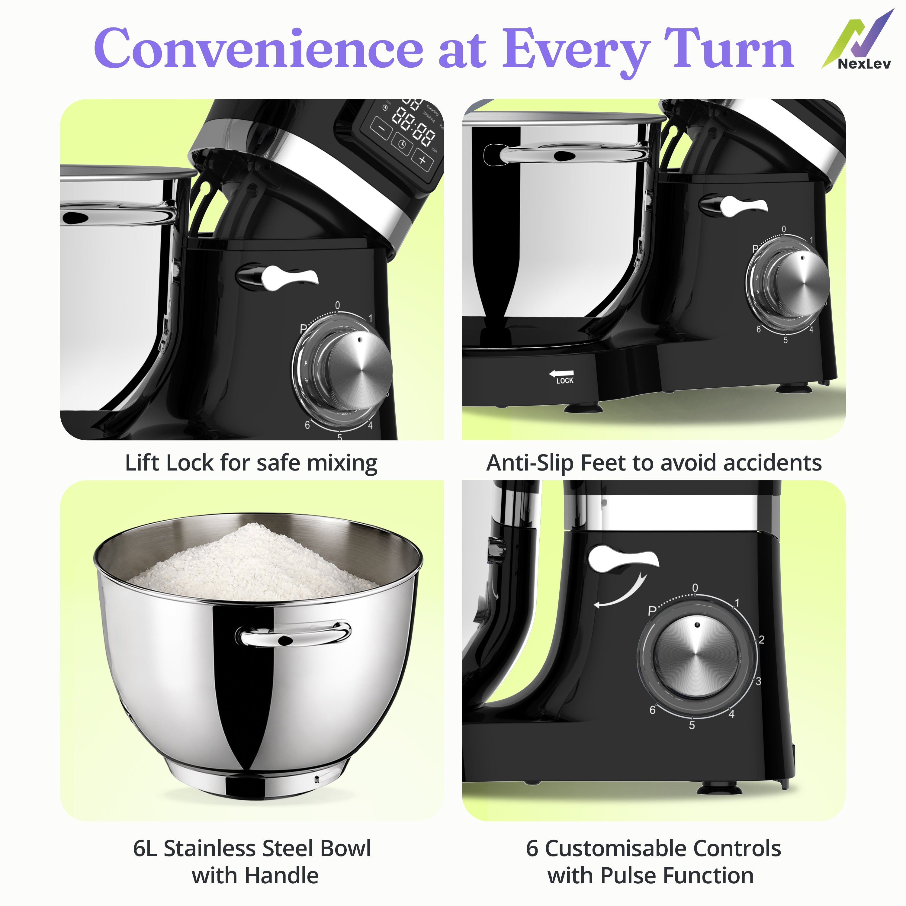 NexLev Stand Mixer with Digital Timer | 2000W Copper Motor | 6L Stainless Steel Bowl |ST-02