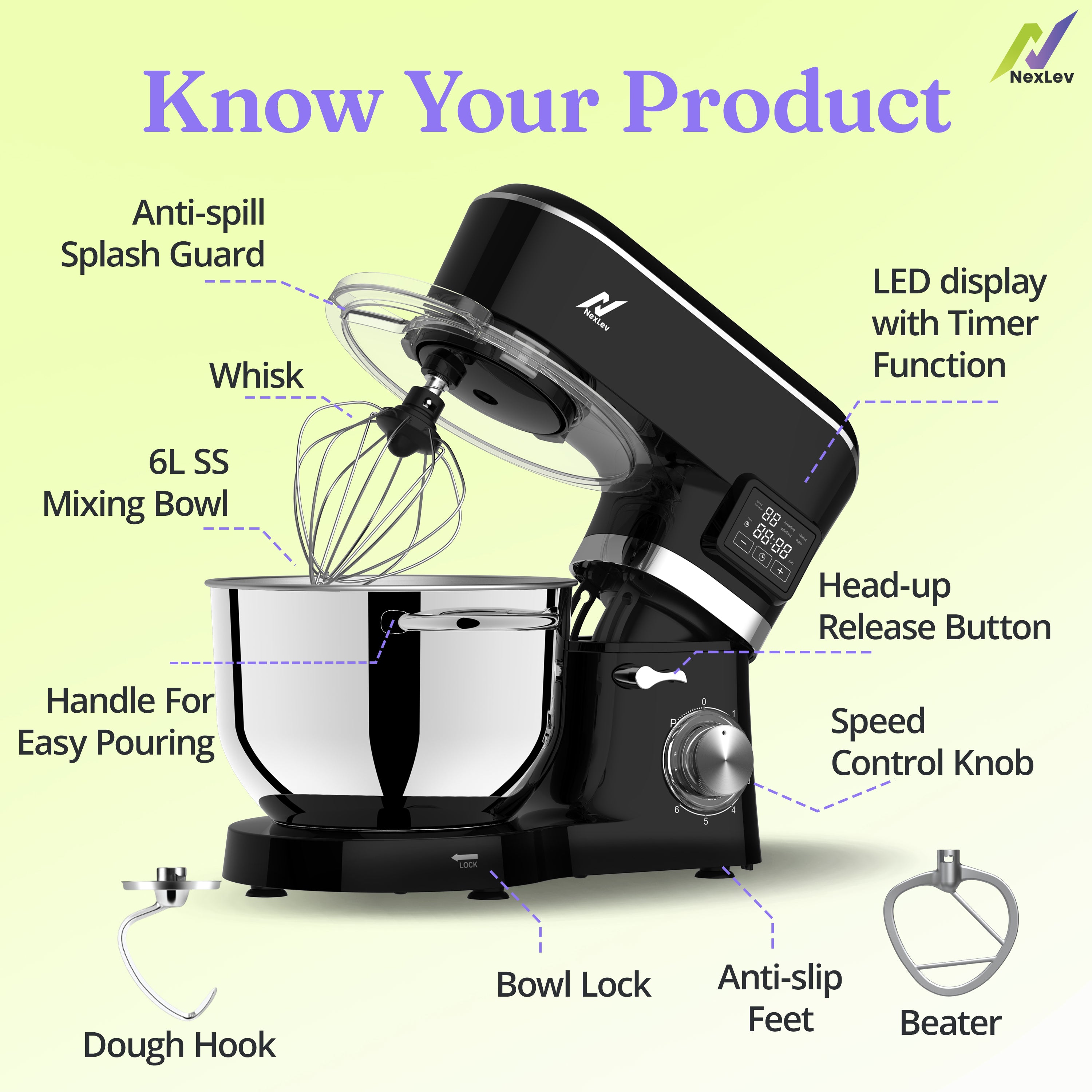 NexLev Stand Mixer with Digital Timer | 2000W Copper Motor | 6L Stainless Steel Bowl |ST-02