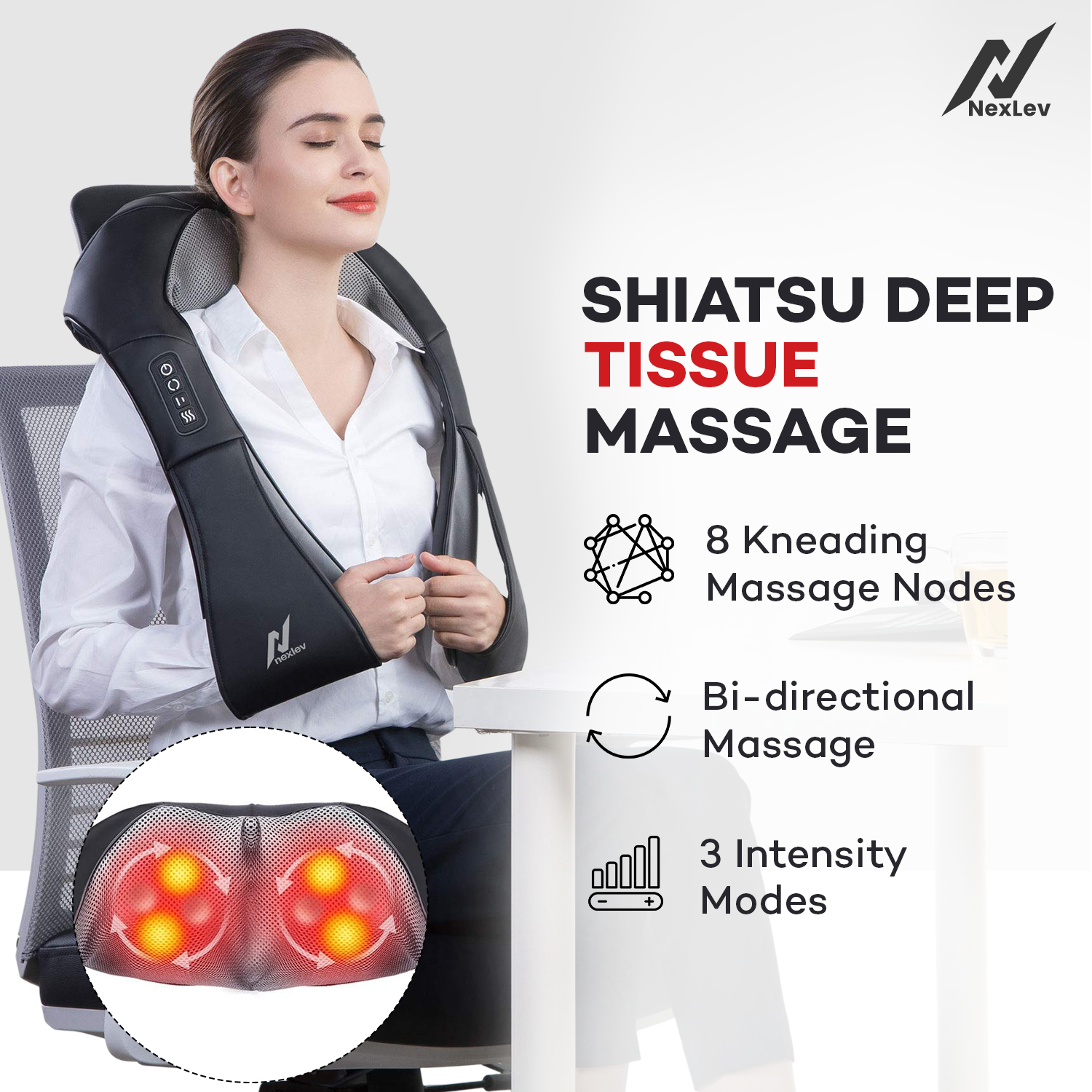 NexLev Neck & Back Massager | Cervical Pain Relief | Electric Deep Tissue Shiatsu with Red Light Therapy | BM-02
