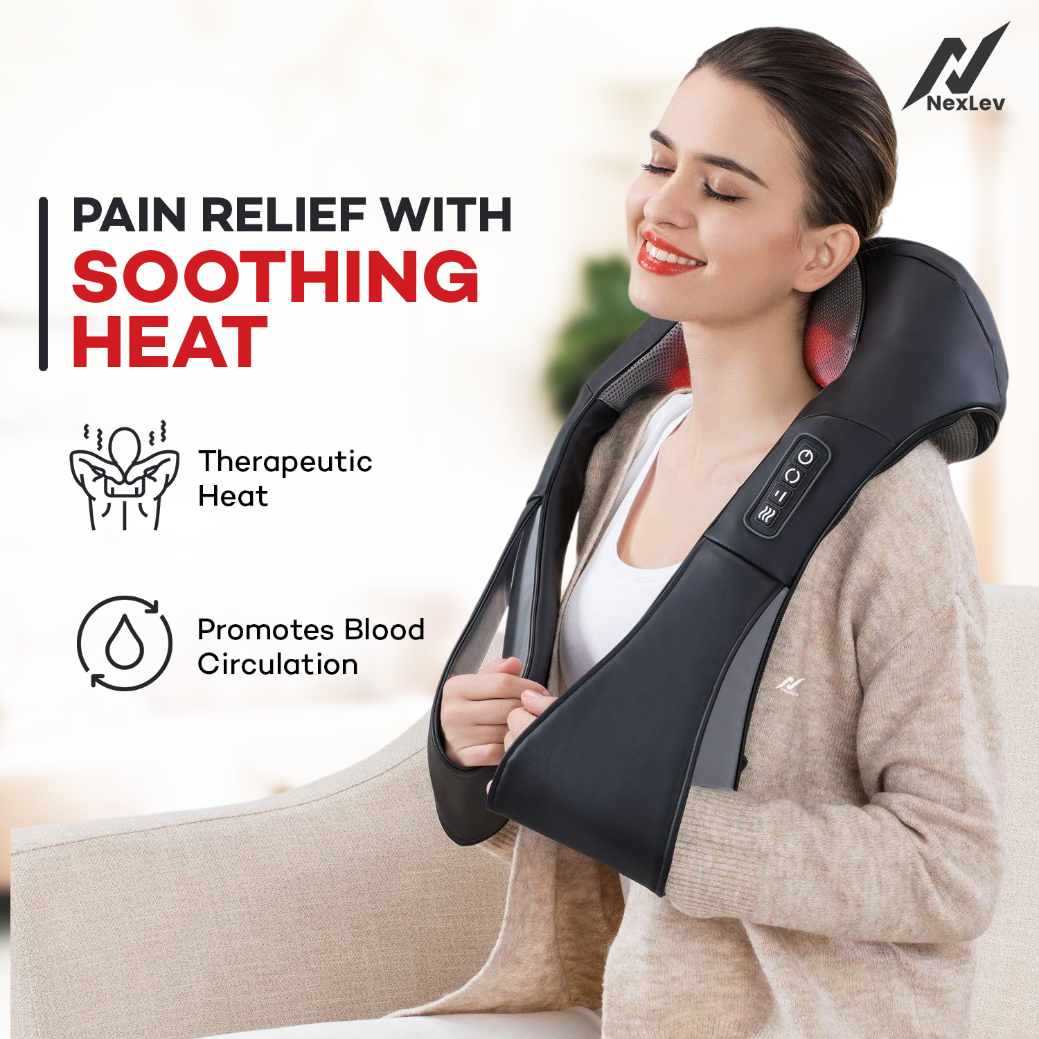 NexLev Neck & Back Massager | Cervical Pain Relief | Electric Deep Tissue Shiatsu with Red Light Therapy | BM-02