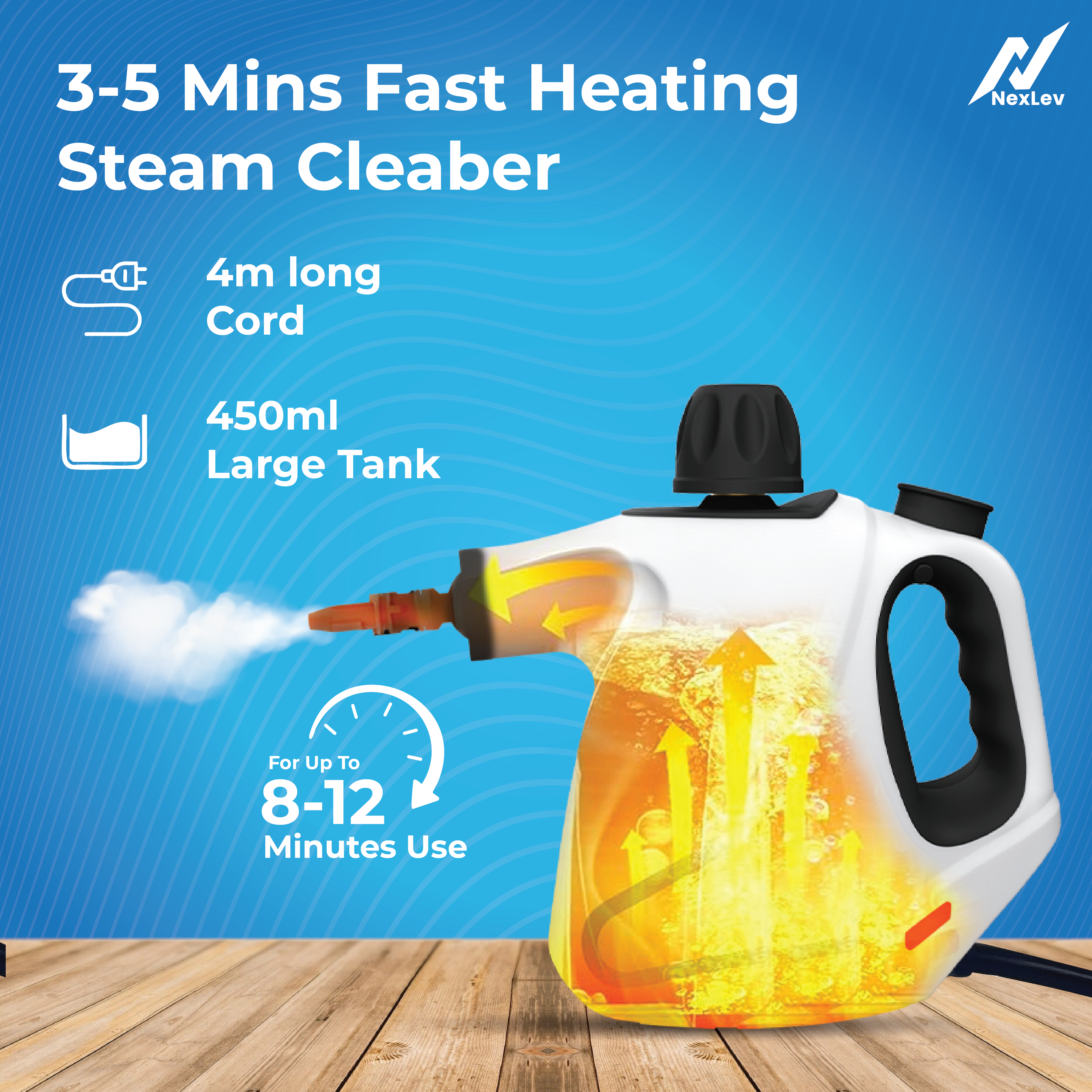 NexLev Steam Cleaner | For Complete Home Kitchen Bathroom Window Car & Office Cleaning | 9 Accessories | 450 ML | 4 Meter Cord | 1000W |SC-05