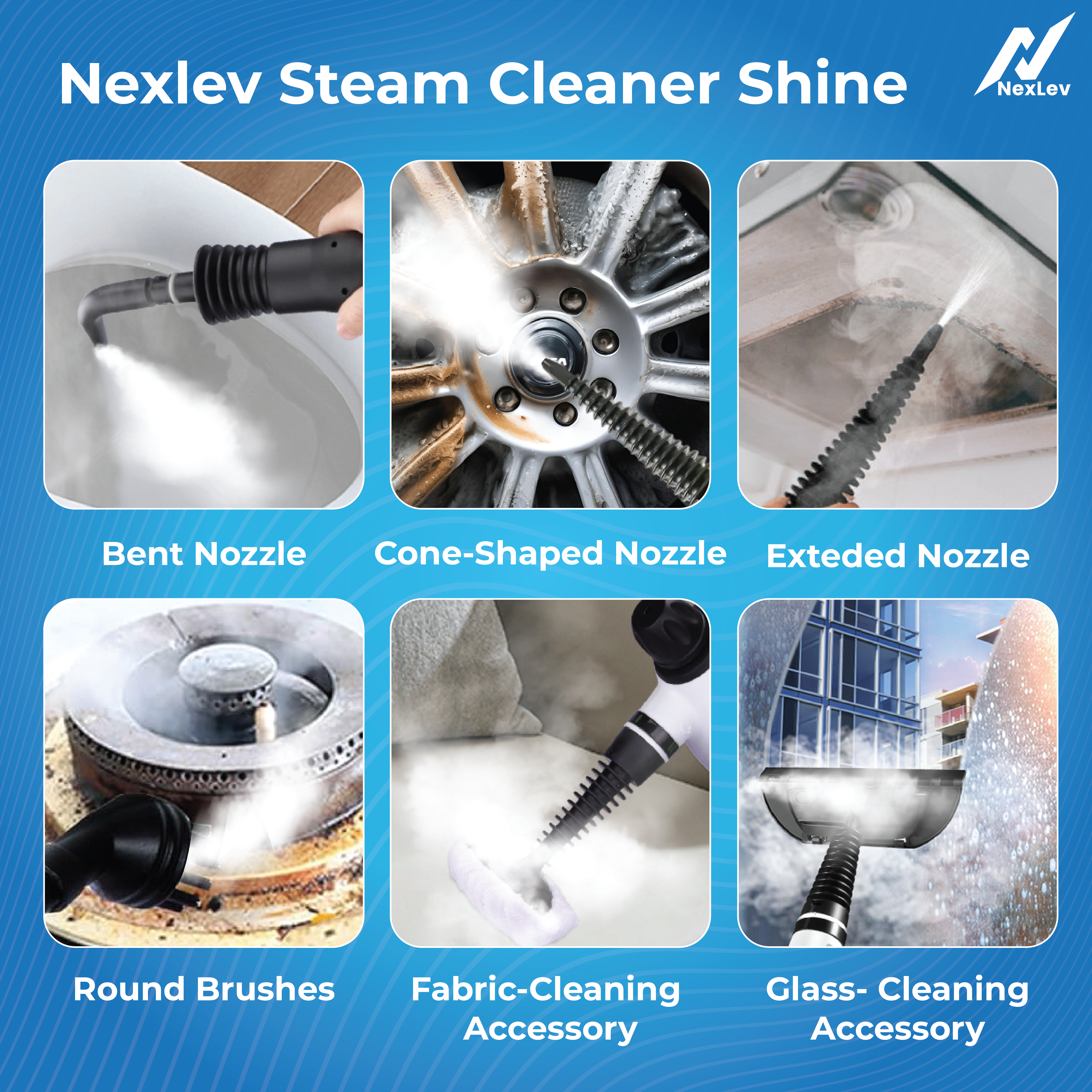 NexLev Steam Cleaner | For Complete Home Kitchen Bathroom Window Car & Office Cleaning | 9 Accessories | 450 ML | 4 Meter Cord | 1000W |SC-05