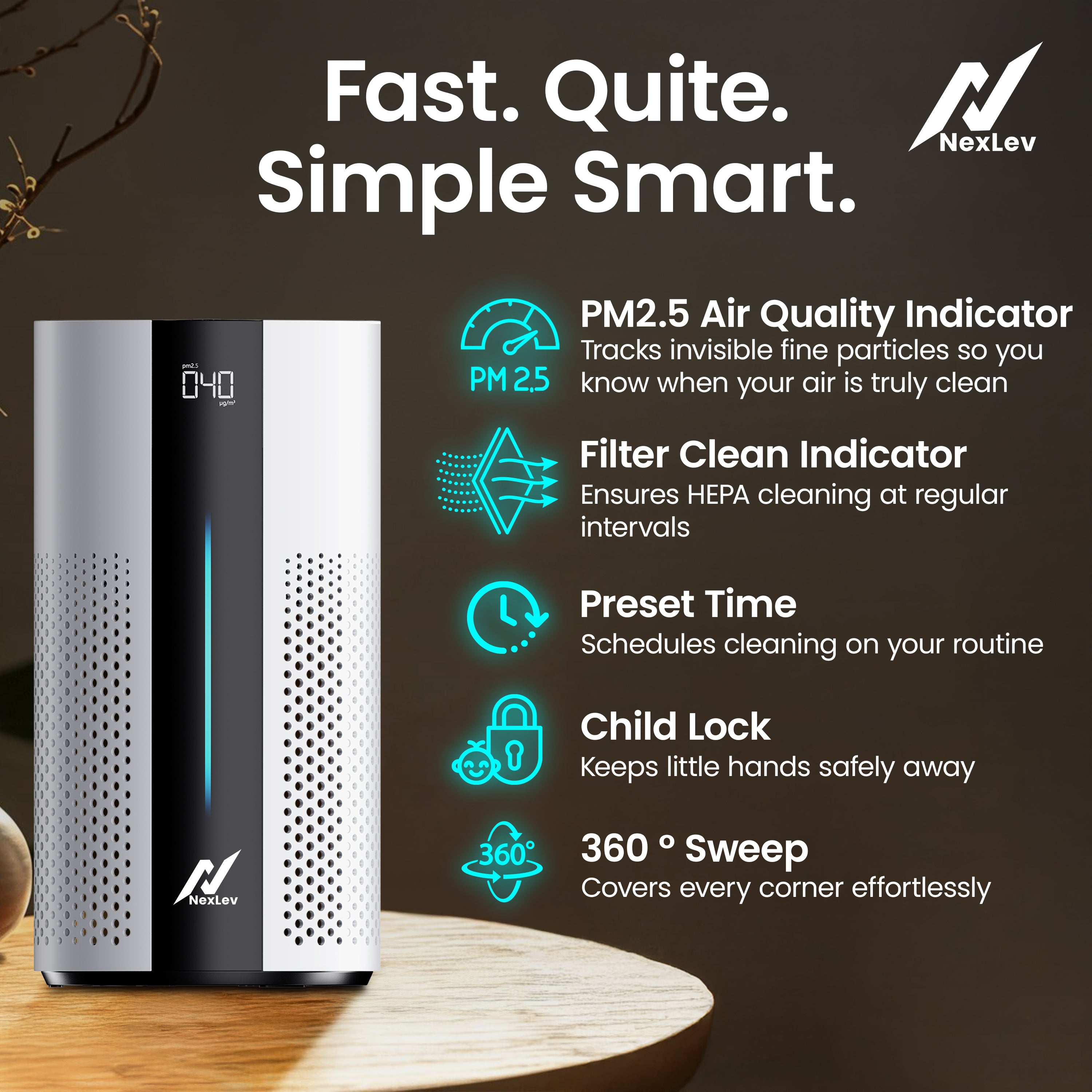 Nexlev Smart Air Purifier with H13 HEPA Filter | Up to 300 Sq Ft | PM2.5 & AQI Display |AP-04