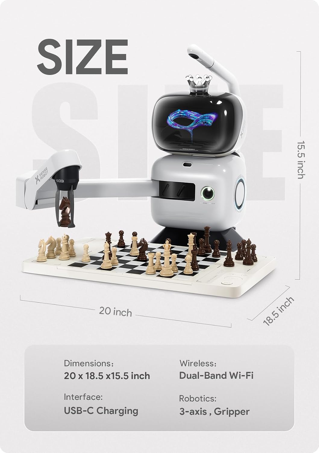 SenseRobot AI Chess Robot with Robotic Arm & Electronic Chess Board – 25 AI Levels, 1200+ Chess Exercises, Voice Coaching, Lichess Integration & Wi-Fi OTA Upd