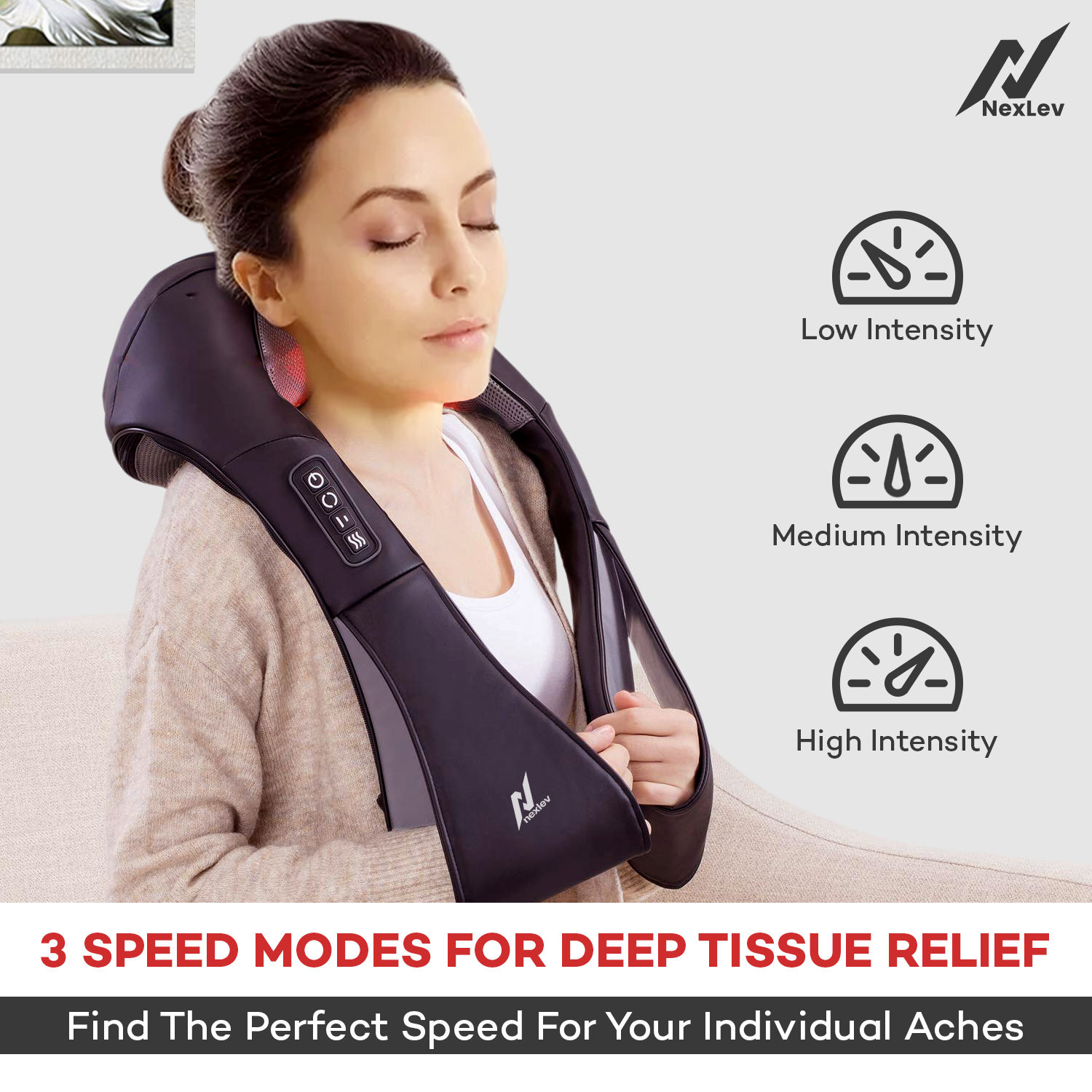 NexLev Neck & Back Massager | Cervical Pain Relief | Electric Deep Tissue Shiatsu with Red Light Therapy | BM-02