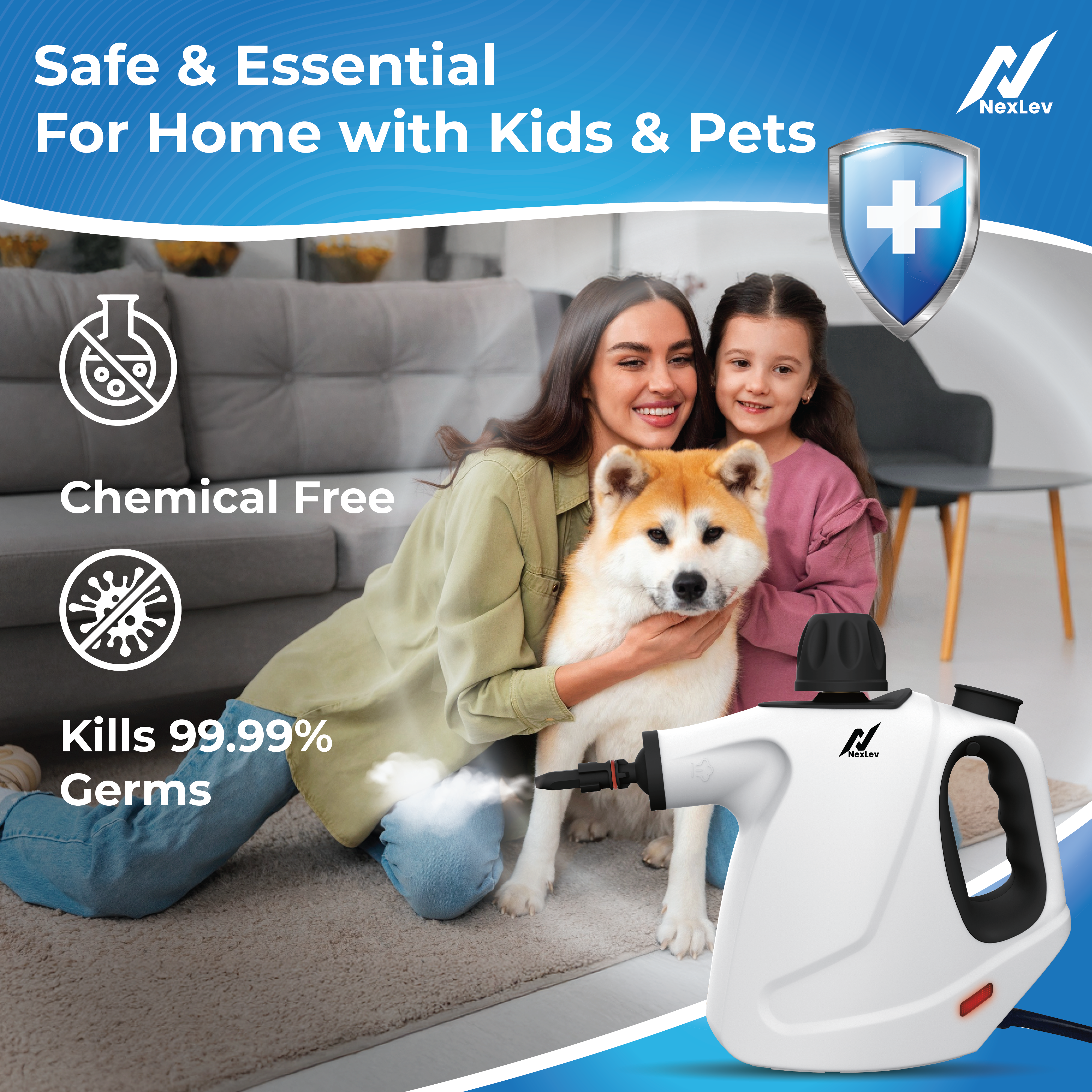 NexLev Steam Cleaner | For Complete Home Kitchen Bathroom Window Car & Office Cleaning | 9 Accessories | 450 ML | 4 Meter Cord | 1000W |SC-05
