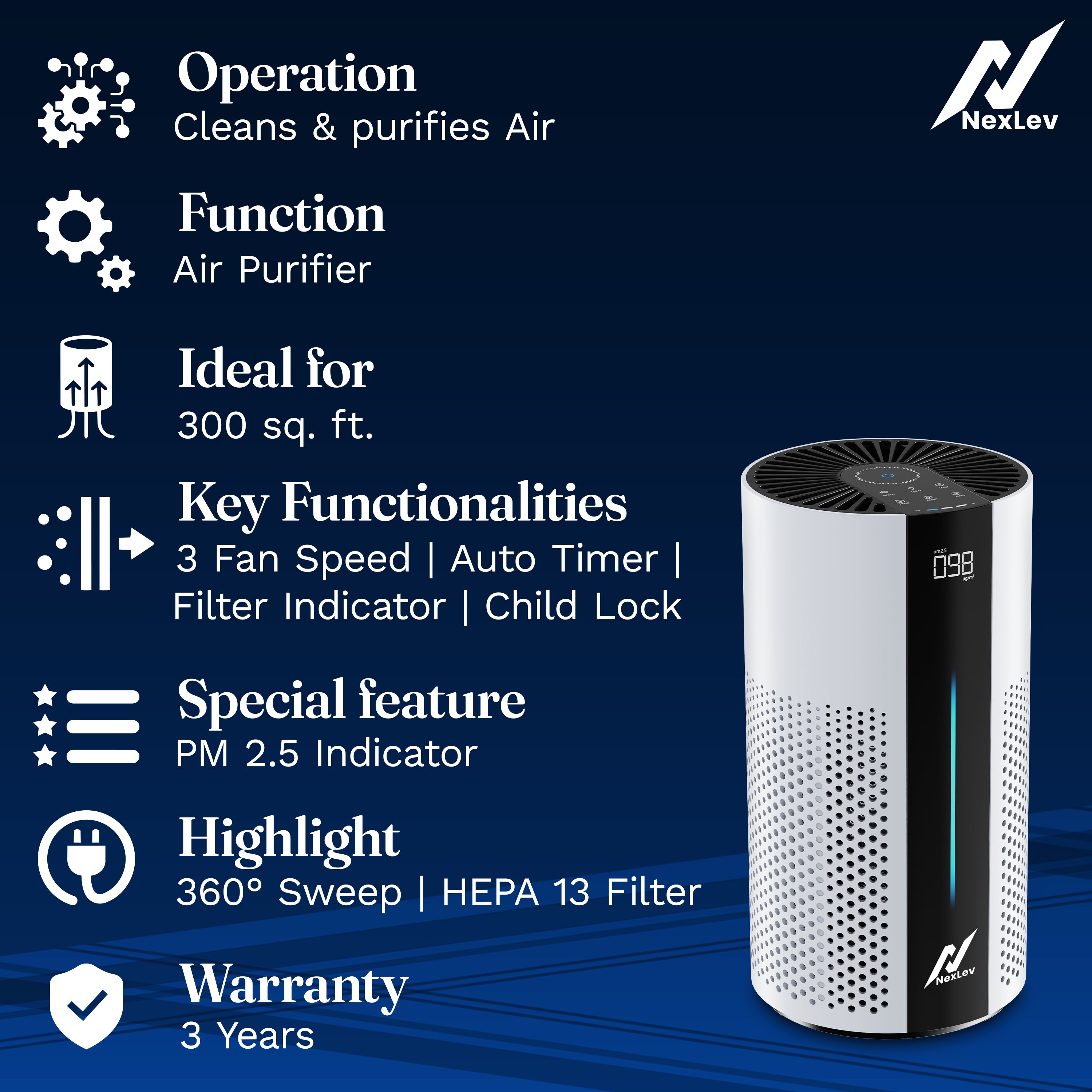 Nexlev Smart Air Purifier with H13 HEPA Filter | Up to 300 Sq Ft | PM2.5 & AQI Display |AP-04