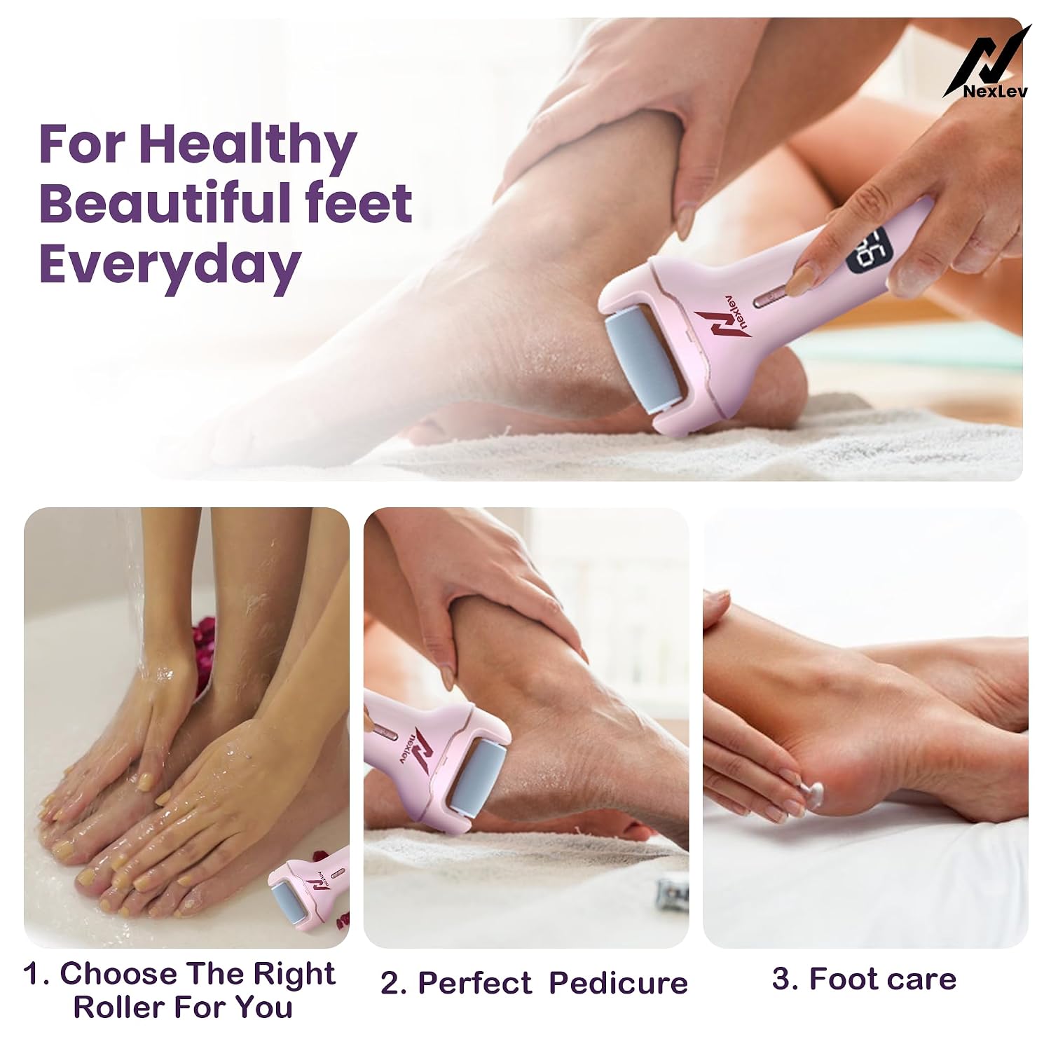 NexLev Foot Callus Remover Electric Scrubber & Shaver for Dead, Hard & Cracked Skin Professional Pedicure at Home Waterproof Type C 3 Crystal Quartz Heads for Men and Women CR-01