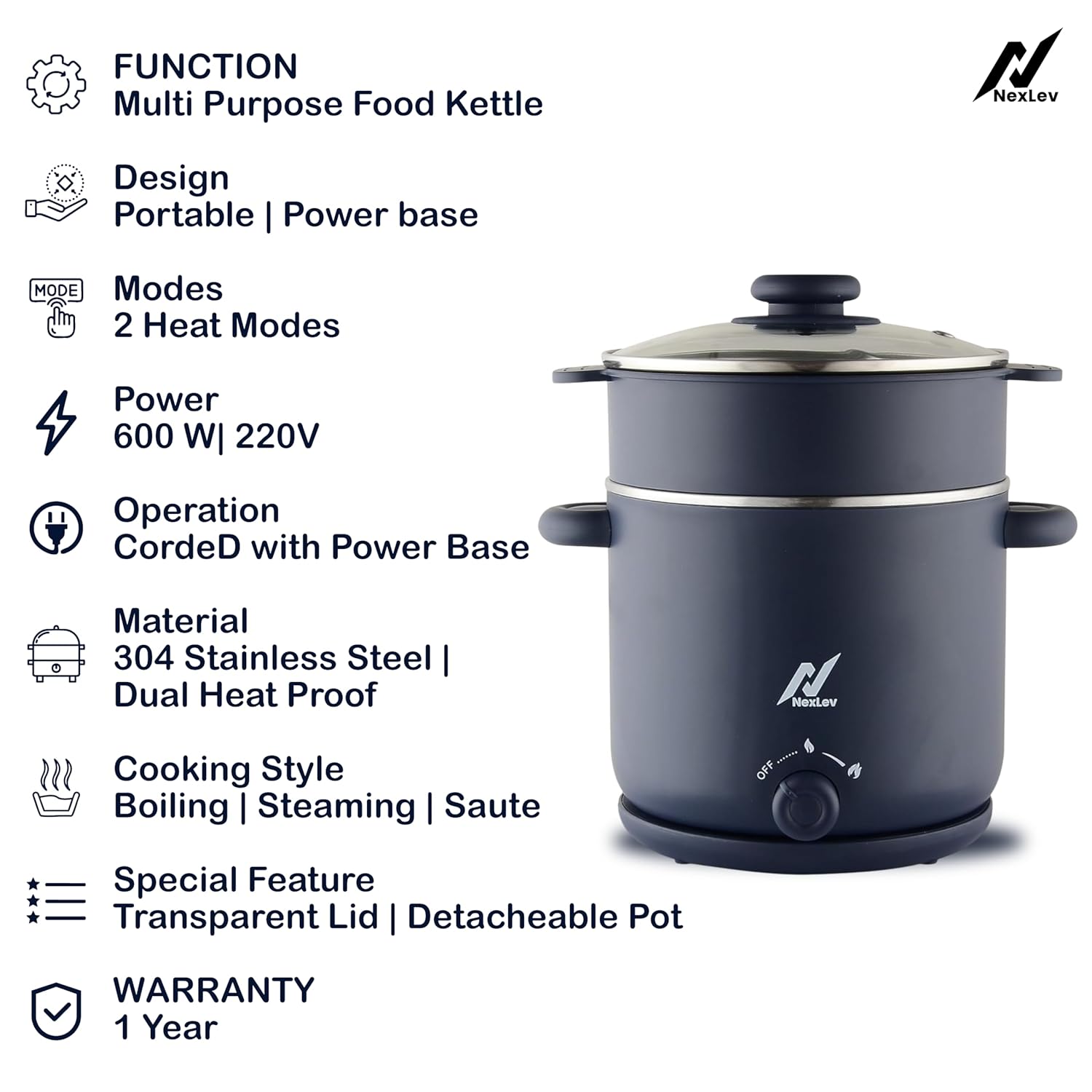 Nexlev Multipurpose Electric Food Kettle KE-01 | 1.8L Stainless Steel Pot | 600W