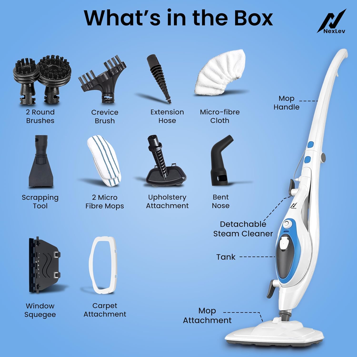 Nexlev 10-in-1 Foldable Steam Cleaner & Mop | 350ml Tank | 5M Cord | SC-04