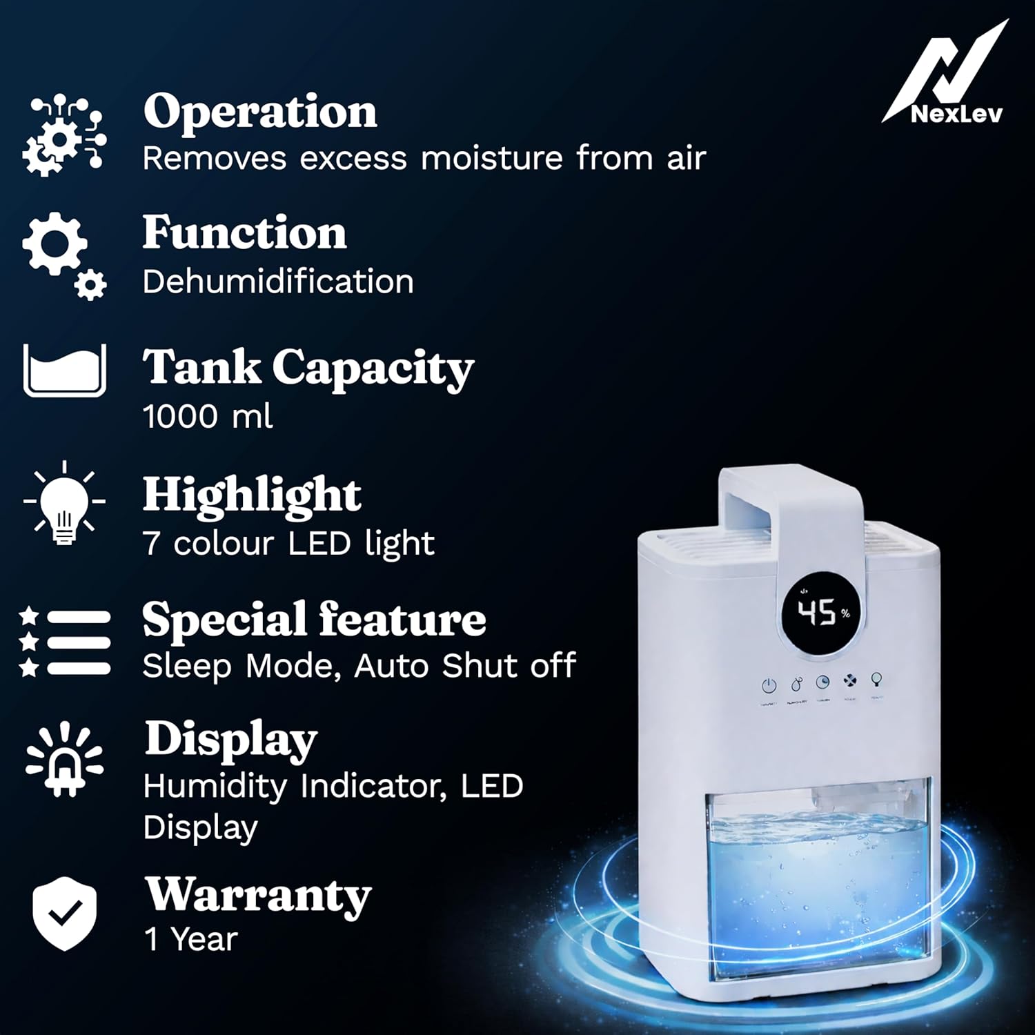 NexLev Dehumidifier for Room Moisture Absorption | 1000ML Tank | Ideal for Mold & Moisture Removal |For Room Wardrobe Kitchen Office| Auto Shut-Off Function| Preset Timer & Humidty Control | DH-01
