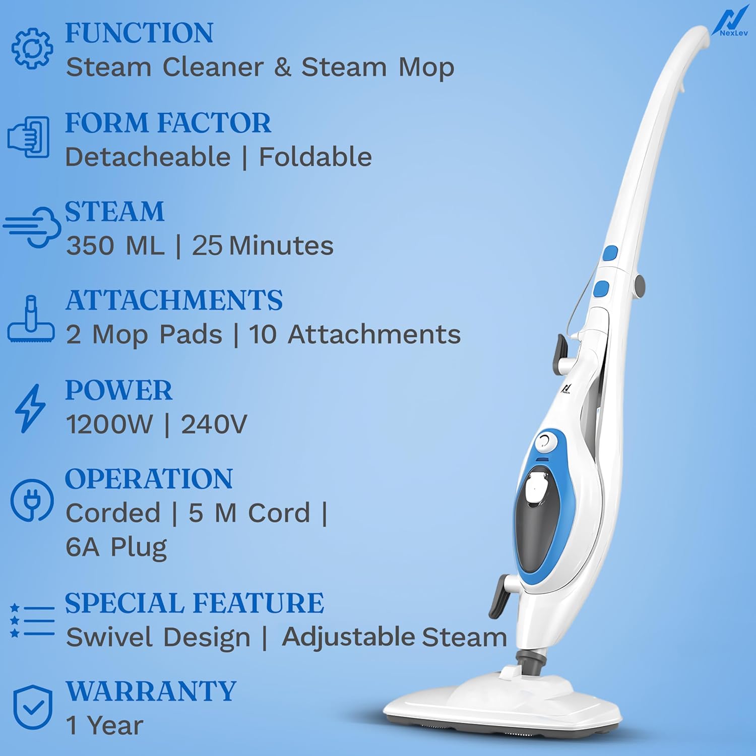 Nexlev 10-in-1 Foldable Steam Cleaner & Mop | 350ml Tank | 5M Cord | SC-04