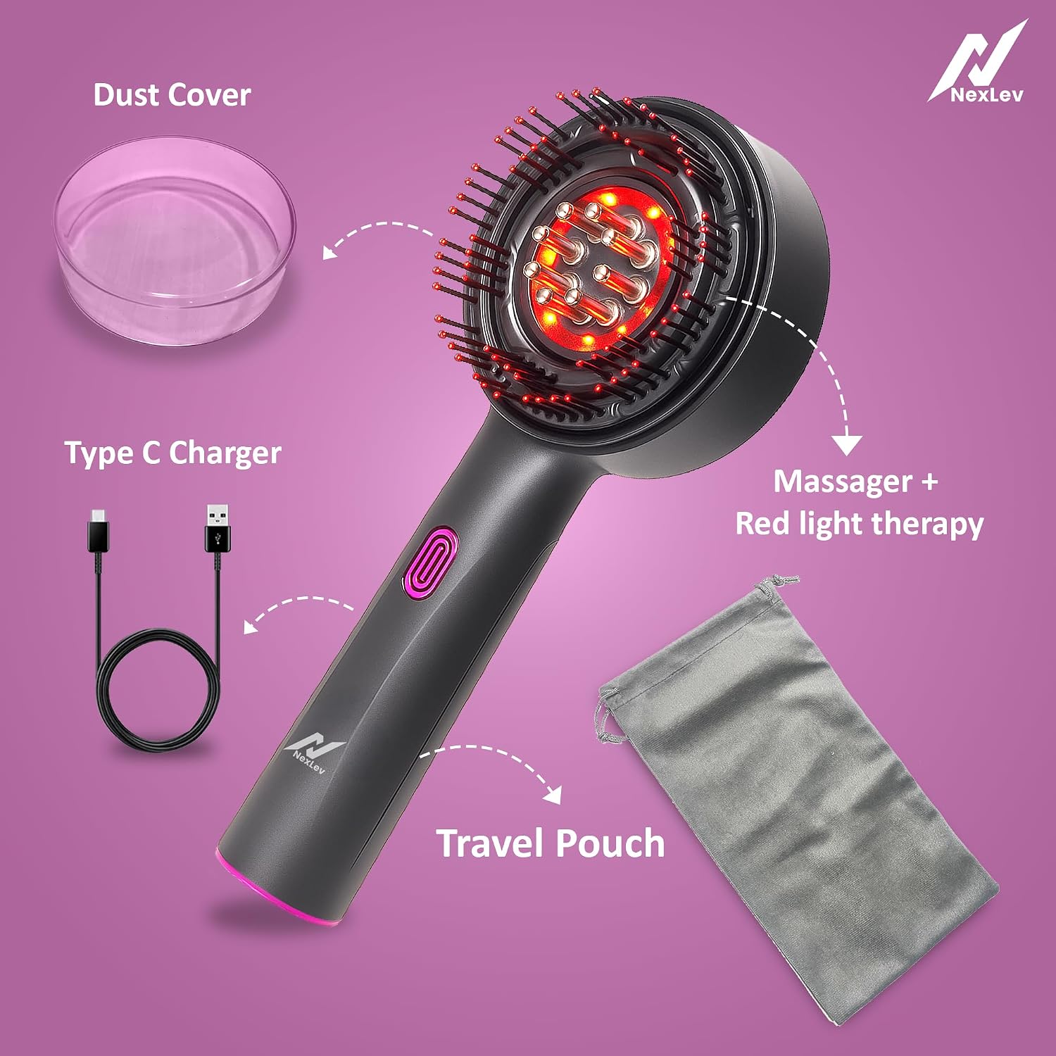 NexLev Oil Applicator Comb|Red Led Light Therapy |Boost Hair Growth| Reduce Dandruff | Relieve Stress |High Vibration Corded Electric Scalp/Head Massager | 6 ML Oil Tank | 2 Hr Run-Time| Type-C|EA-02