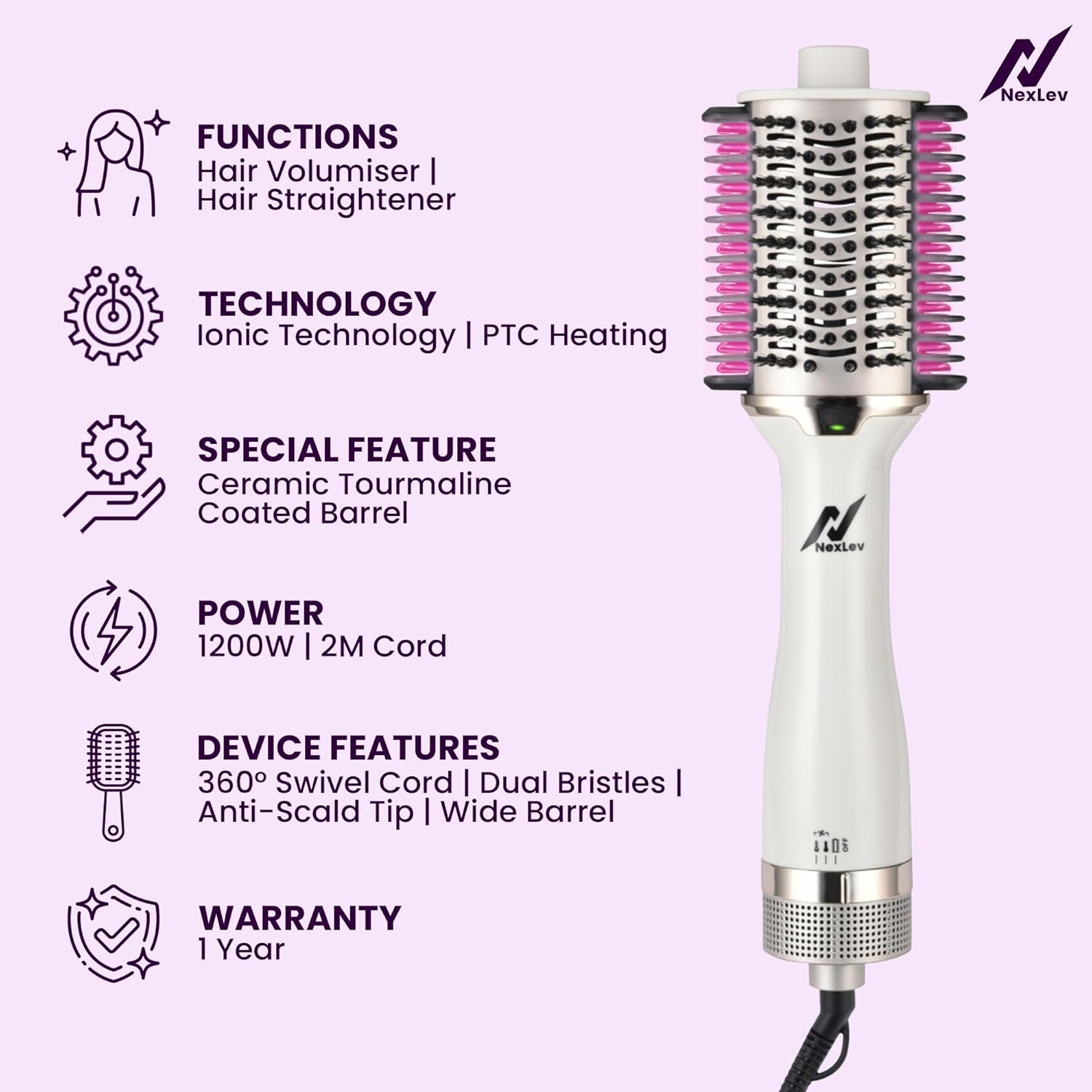 NexLev IONIC Volumizer + Straightening Brush|V-02