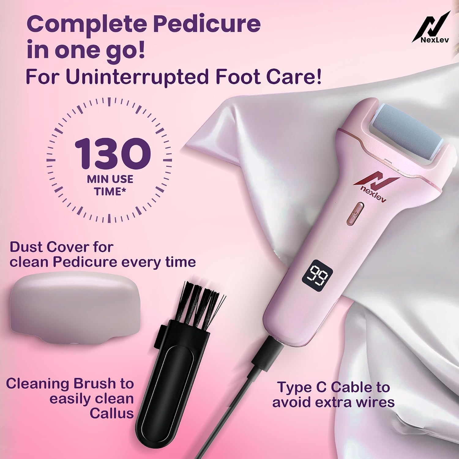 NexLev Foot Callus Remover Electric Scrubber & Shaver for Dead, Hard & Cracked Skin Professional Pedicure at Home Waterproof Type C 3 Crystal Quartz Heads for Men and Women CR-01
