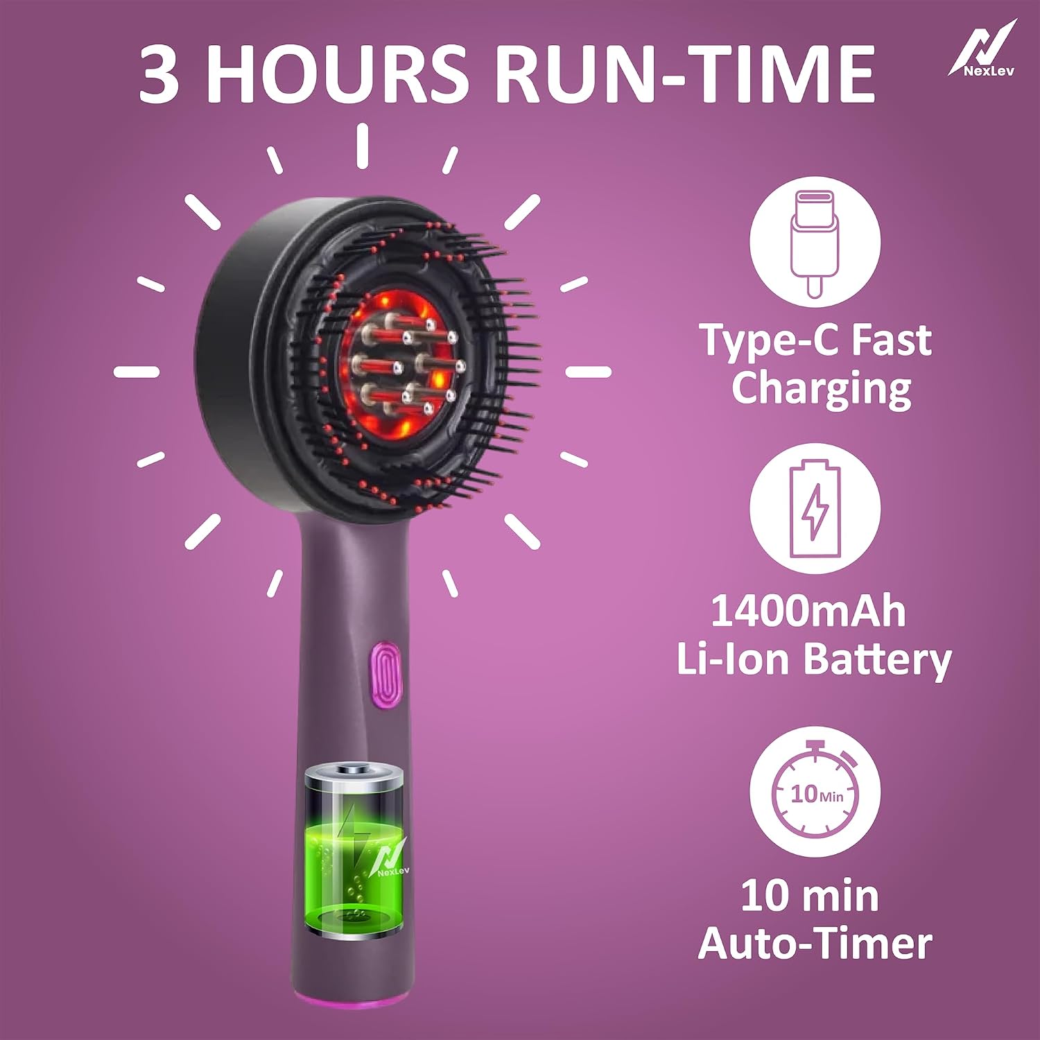 NexLev Oil Applicator Comb|Red Led Light Therapy |Boost Hair Growth| Reduce Dandruff | Relieve Stress |High Vibration Corded Electric Scalp/Head Massager | 6 ML Oil Tank | 2 Hr Run-Time| Type-C|EA-02
