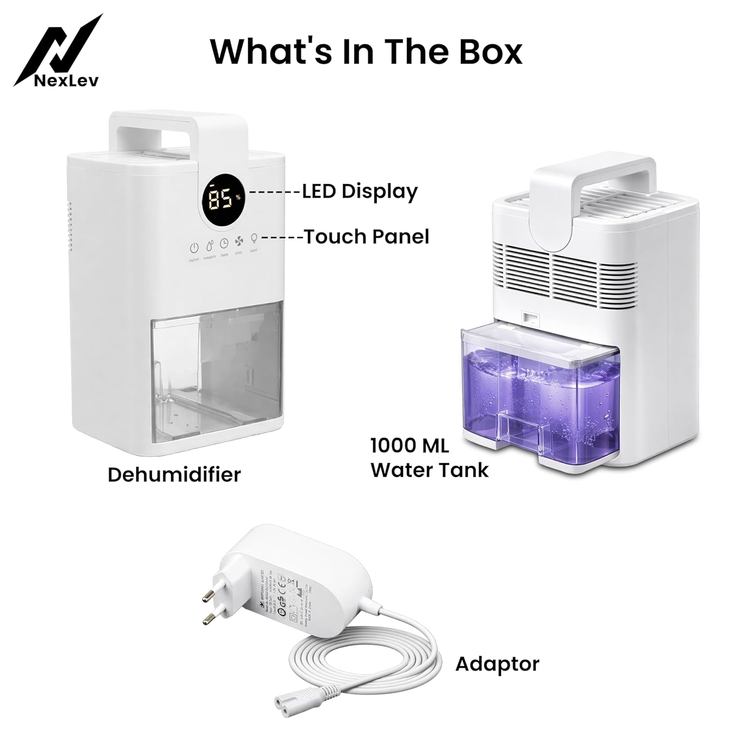 NexLev Dehumidifier for Room Moisture Absorption | 1000ML Tank | Ideal for Mold & Moisture Removal |For Room Wardrobe Kitchen Office| Auto Shut-Off Function| Preset Timer & Humidty Control | DH-01