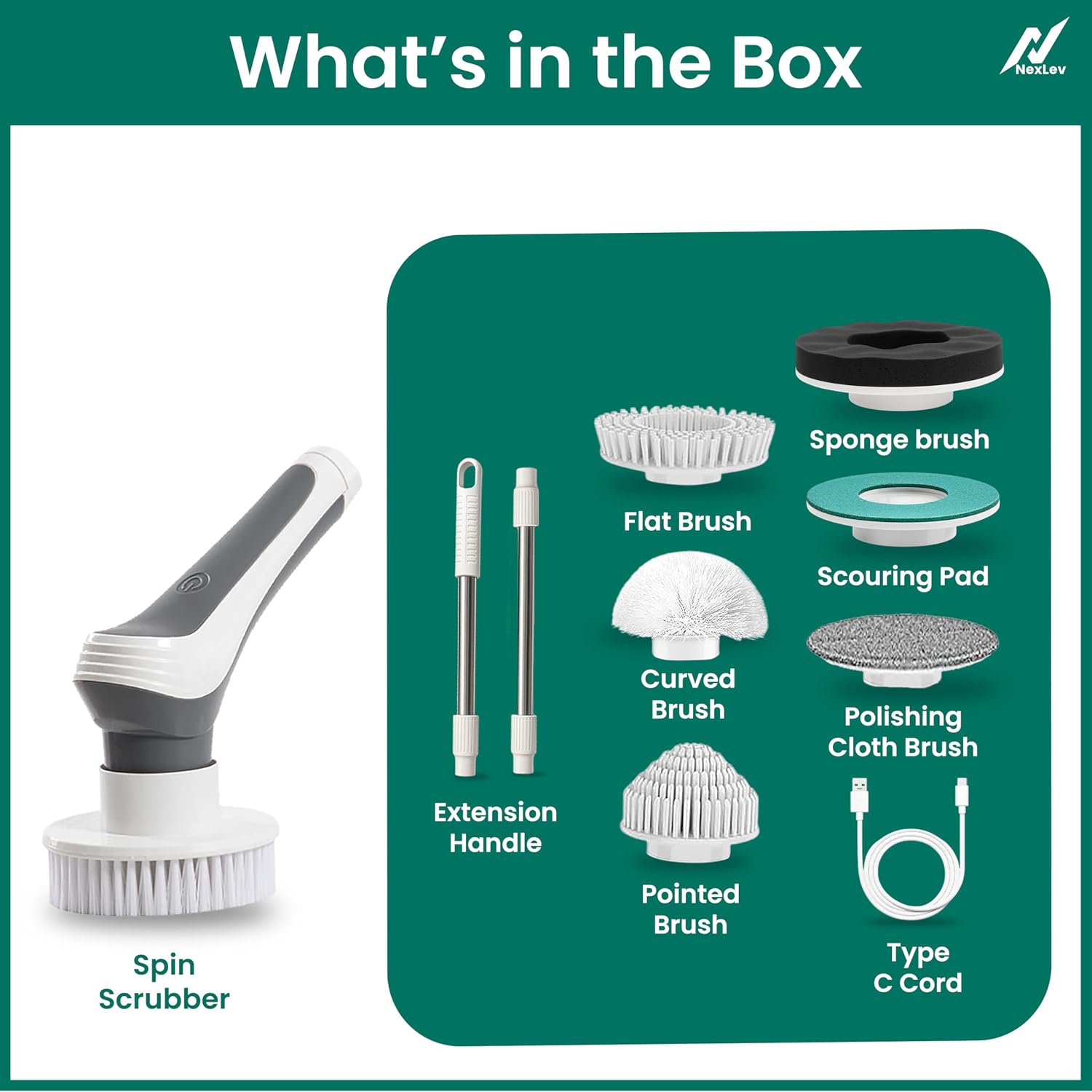 Nexlev Spin Scrubber | Cordless, IP68, 60min Run Time, 6 Brushes | SS-02