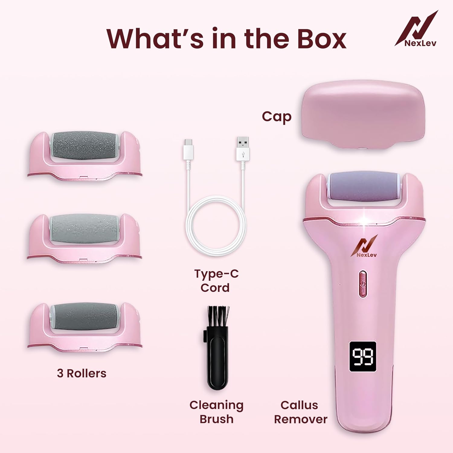 NexLev Foot Callus Remover Electric Scrubber & Shaver for Dead, Hard & Cracked Skin Professional Pedicure at Home Waterproof Type C 3 Crystal Quartz Heads for Men and Women CR-01
