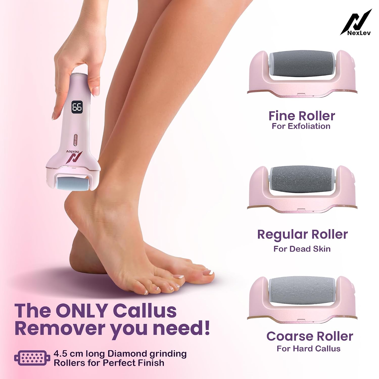 NexLev Foot Callus Remover Electric Scrubber & Shaver for Dead, Hard & Cracked Skin Professional Pedicure at Home Waterproof Type C 3 Crystal Quartz Heads for Men and Women CR-01